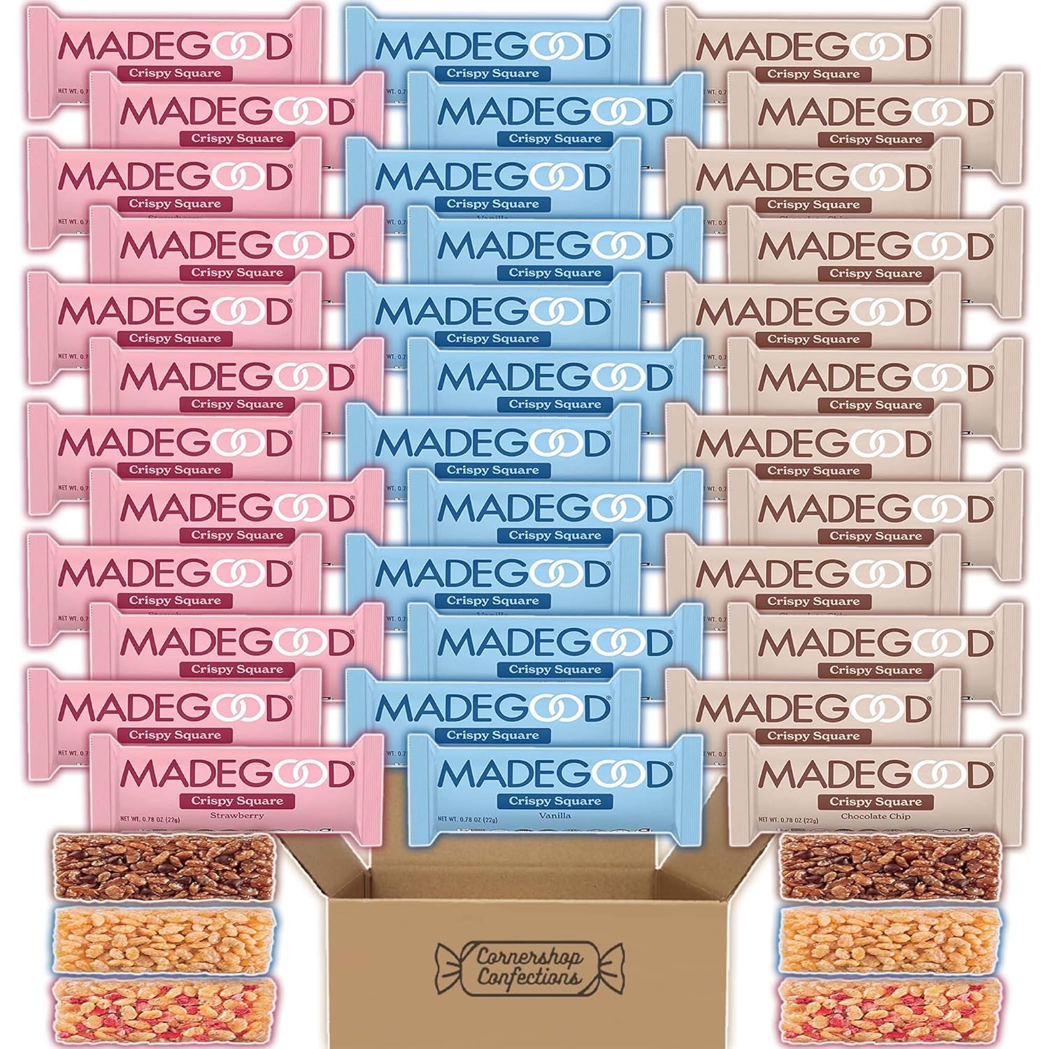 MadeGood Crispy Squares – Paquete variado de 36 unidades, 3 sabores incluidos, 12 barras de cada sabor, chispas de chocolate, fresa y vainilla,