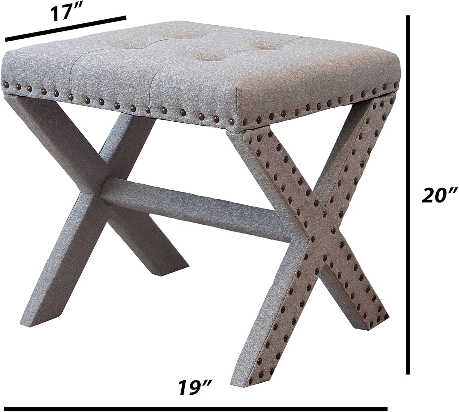 AC Pacific Modern Chic – Taburete tapizado con tela de lino suave, ribete de cabeza de clavo, asiento copetudo y marco de madera maciza, 19 pulgadas