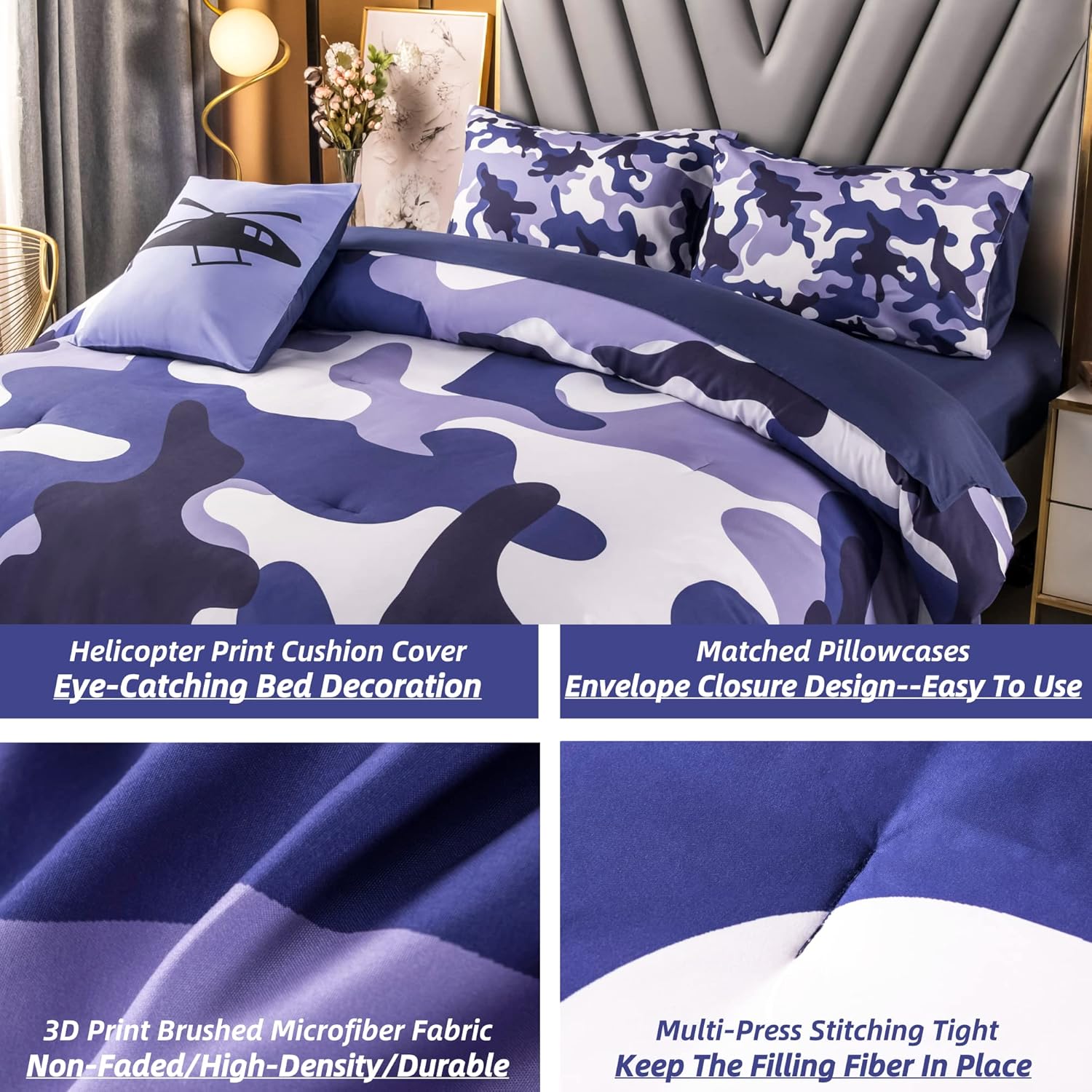 PERFEMET Juego de edredón de 6 piezas de camuflaje azul, cama individual en una bolsa, juegos de ropa de cama de camuflaje militar de granja con