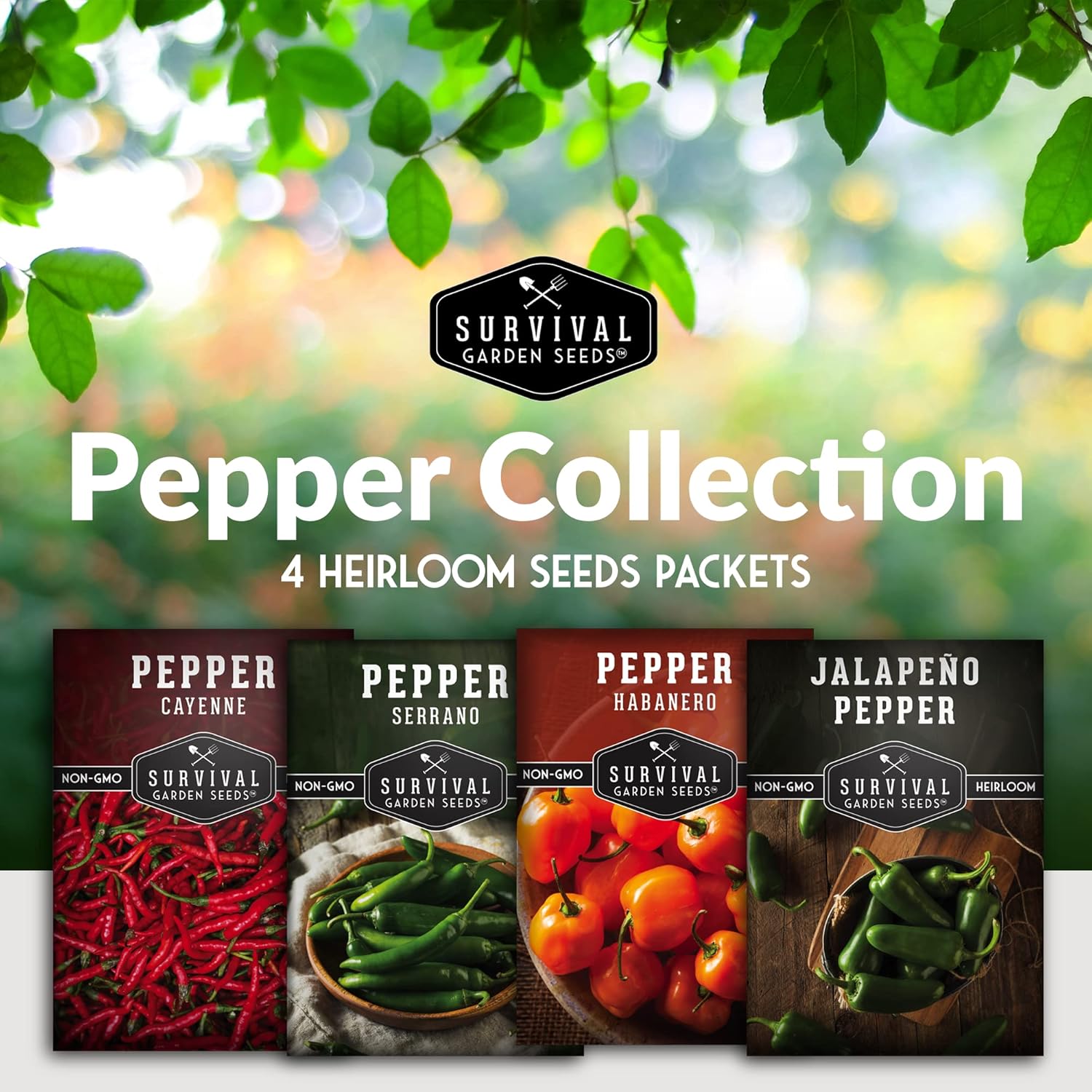 Survival Garden Seeds Bóveda de semillas de colección de pimientos picantes  Cayena, Habanero, Jalapeño y Serrano Paquetes de semillas para cultivar