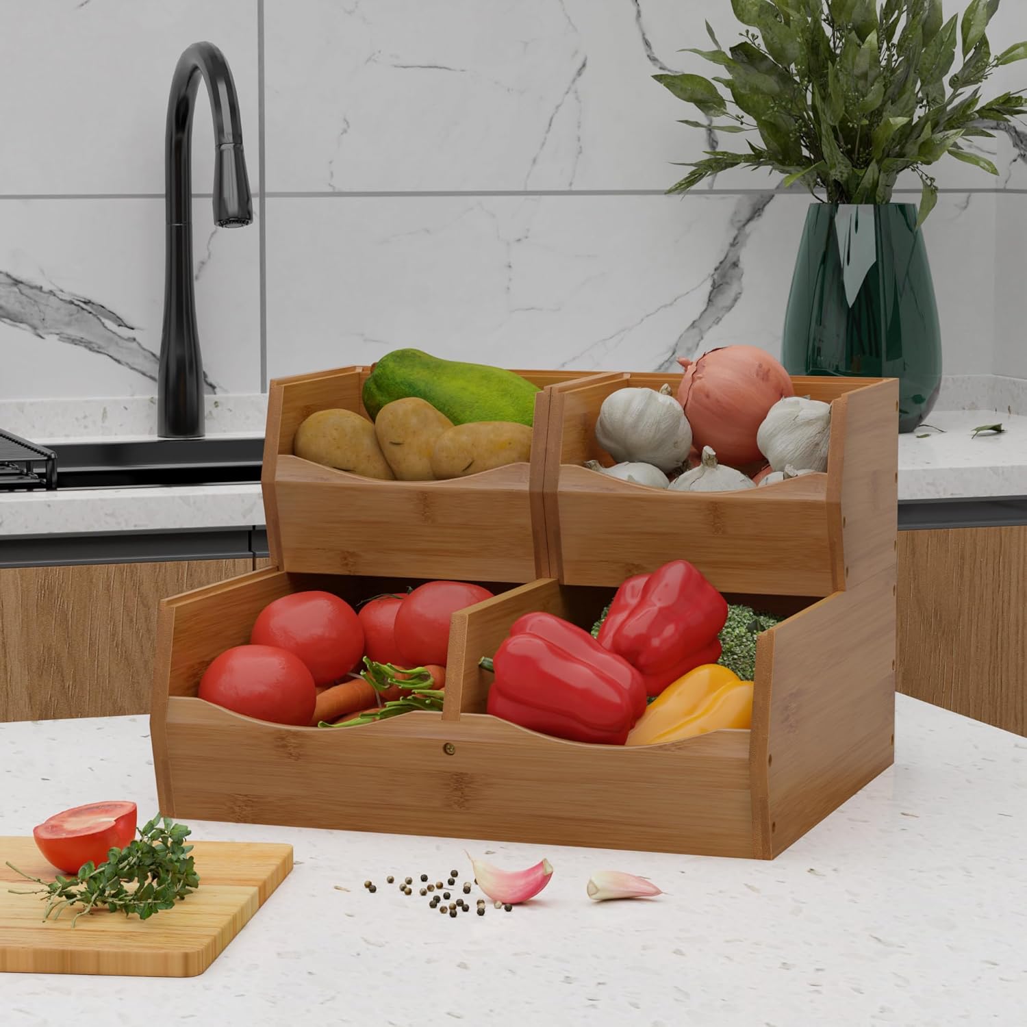 Contenedores apilables con frente abierto, almacenamiento apilable, juego de 3 piezas apilables de bambú para encimera de cocina para verduras,