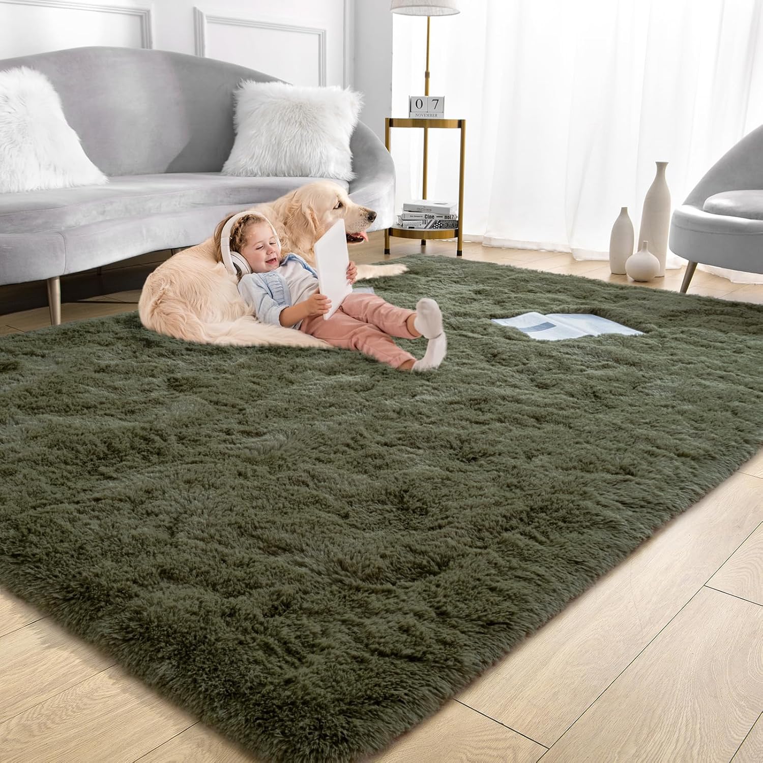 Alfombra suave de pelo largo para sala de estar, alfombras esponjosas de 6 x 9 pies con parte inferior antideslizante para dormitorio, mesita de