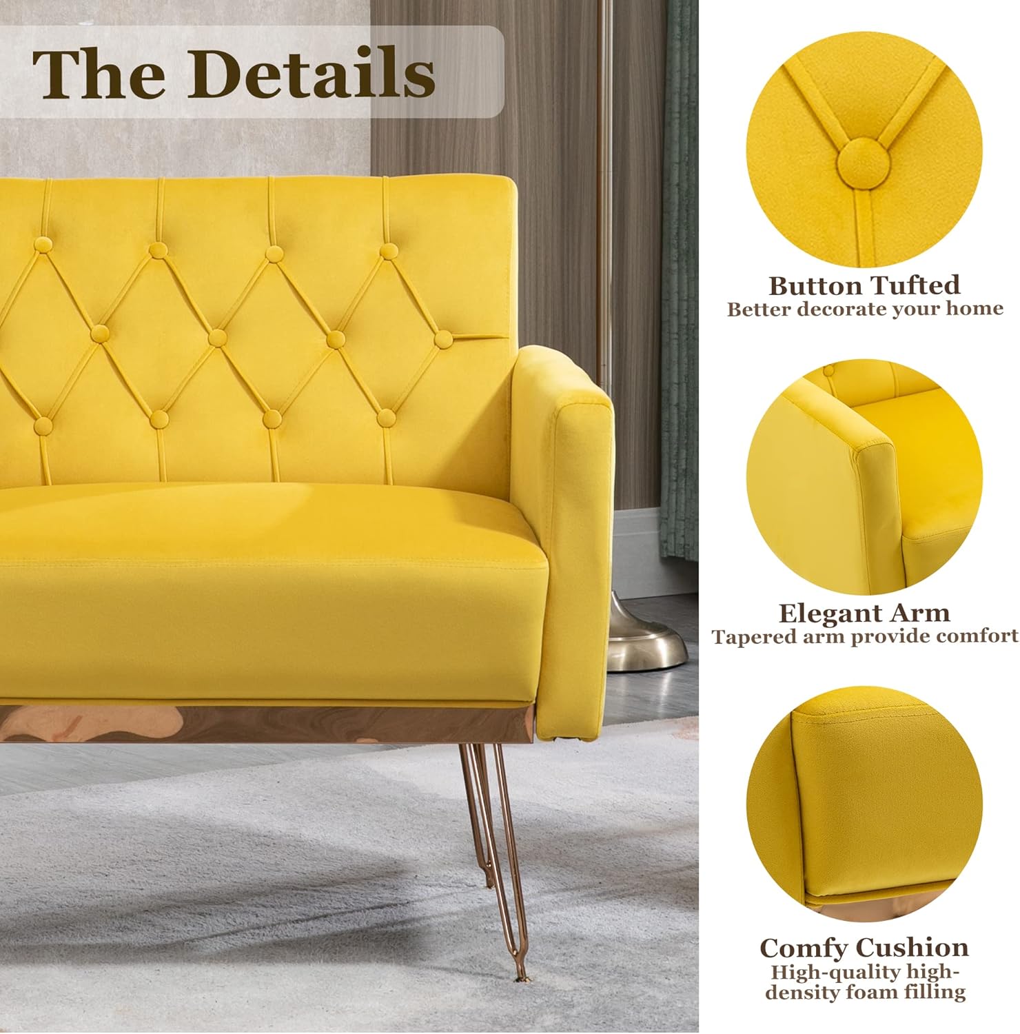 Olela Juego de 2 sillas decorativas, sofá individual de terciopelo, sillas de lectura laterales tapizadas modernas con brazo y patas de metal dorado