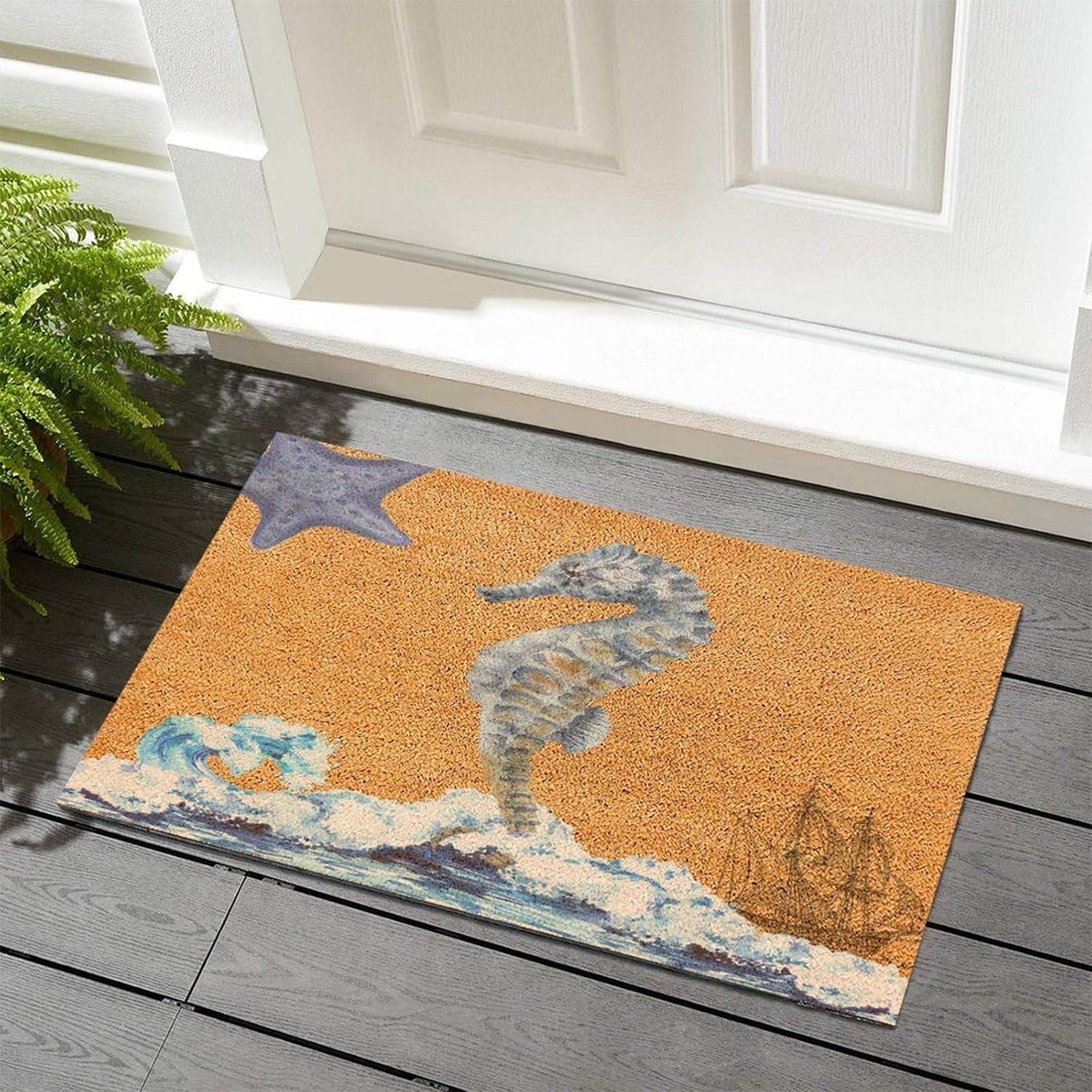 Tapete para puerta delantera con temática náutica del océano y playa, resistente a la suciedad, acuarela, vida tropical, fibra de coco tropical,