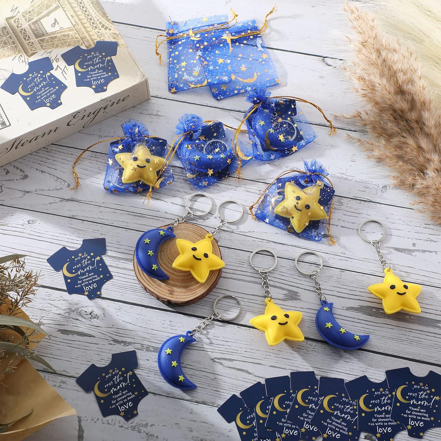 Huquary Llavero de decoración de baby shower, regalo de baby shower, estrella pequeña, para invitados, luna y estrella, tarjetas de agradecimiento,