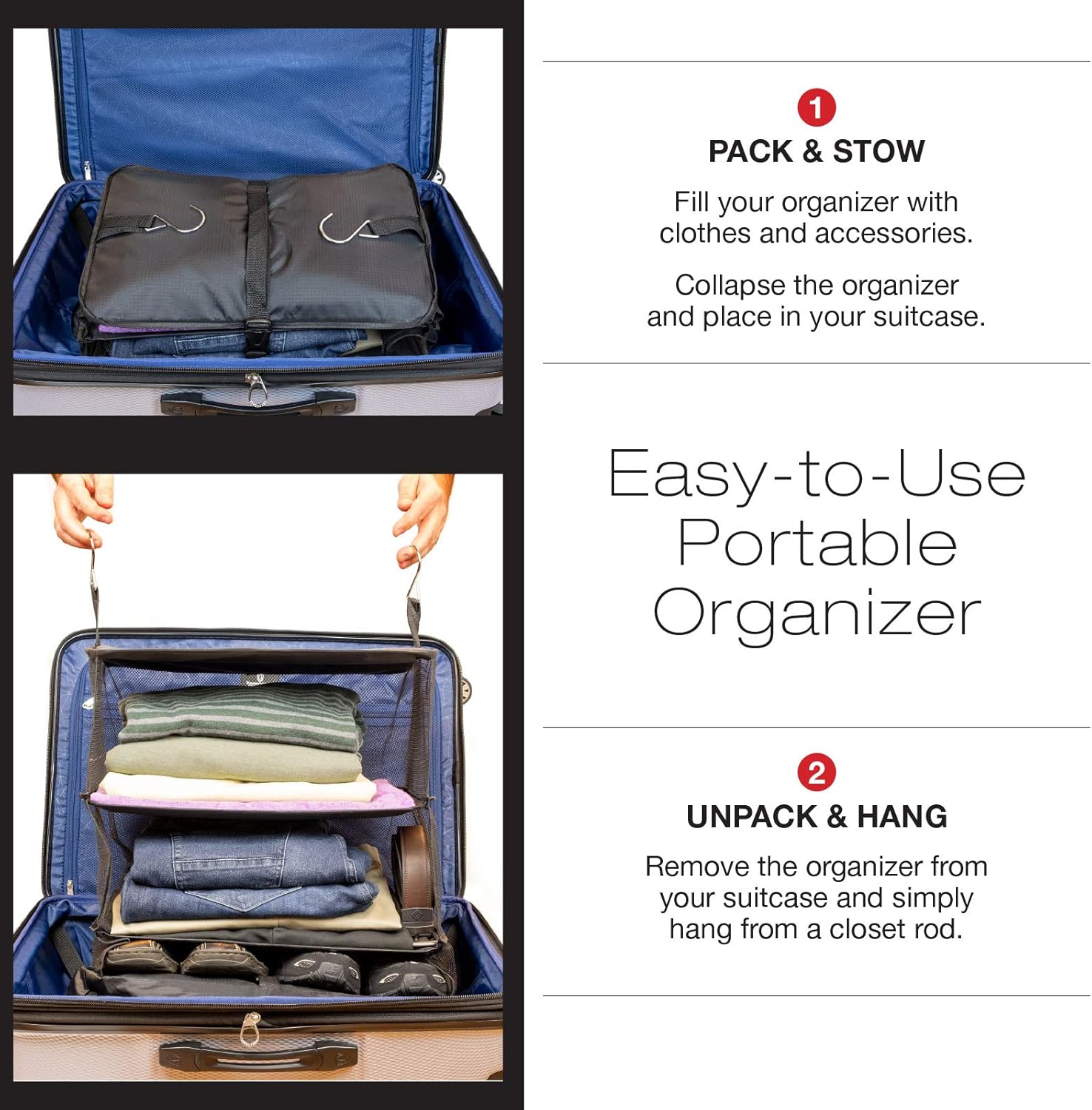 Organizador de almacenamiento colgante portátil plegable con compartimento con cremallera, perfecto para viajes y embalaje, Negro –