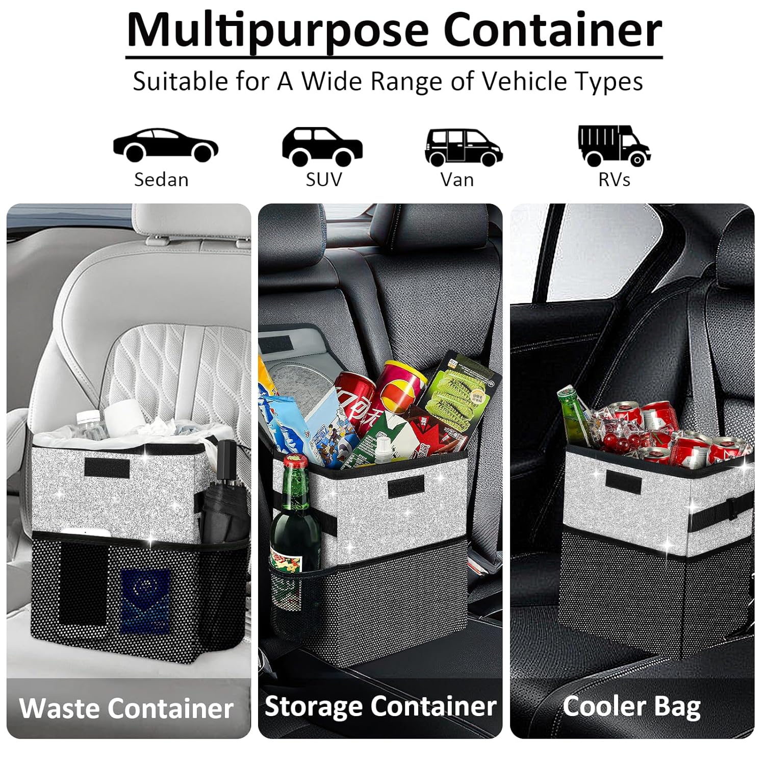 Bote de basura para automóvil, bonita bolsa de basura para automóvil con tapa, cubo de basura con purpurina para colgar para asiento trasero,