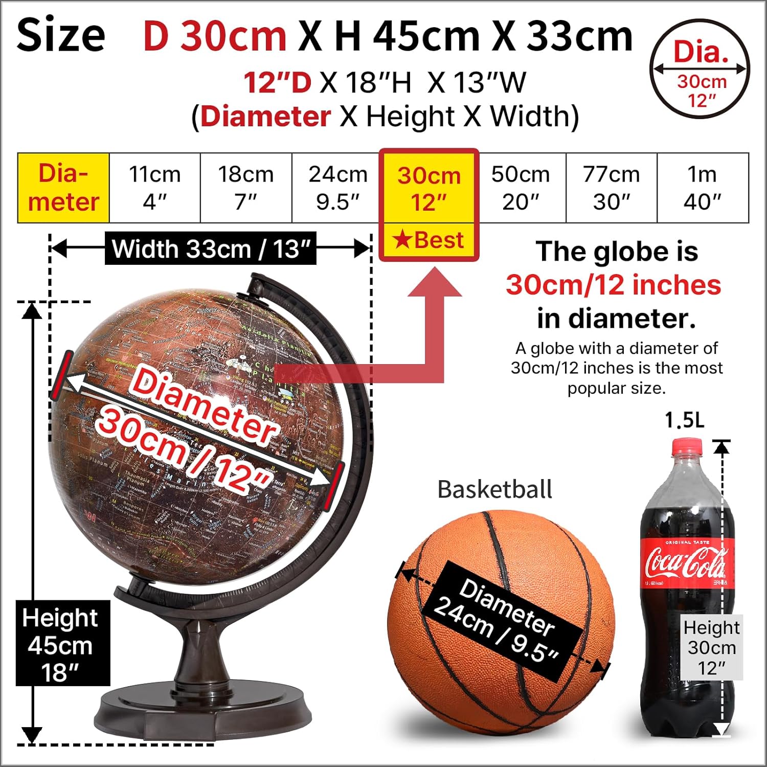 Mapsoft Prime – Globo iluminado de Marte rojo, latín, 11.8 in, RI-30