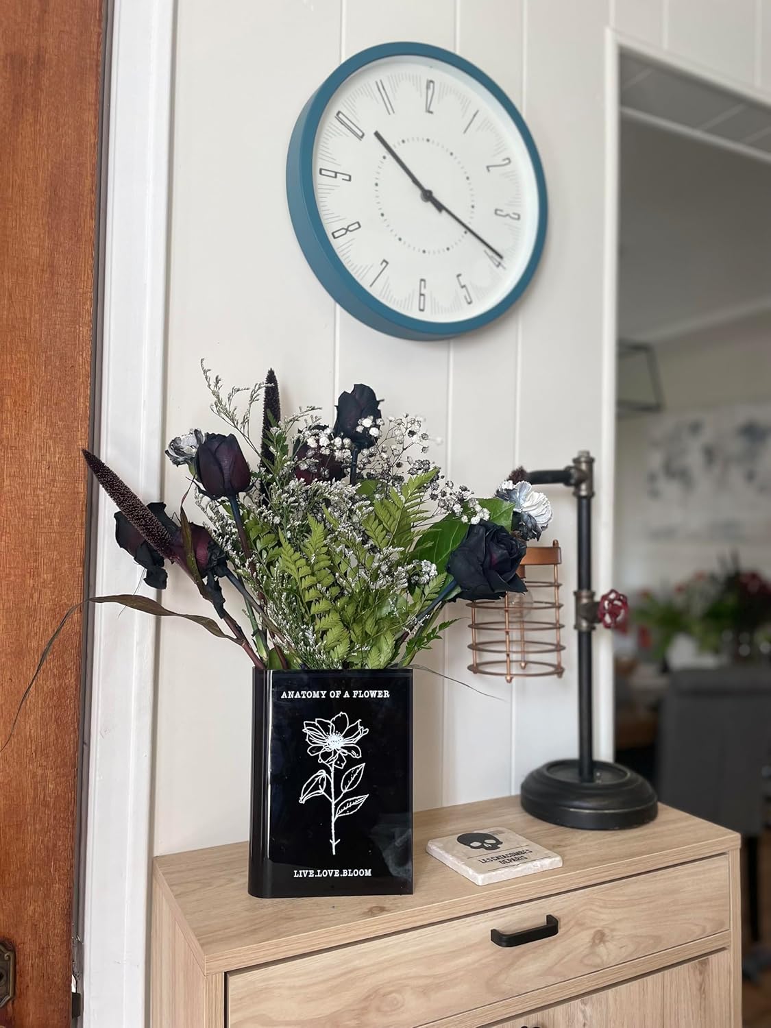 Jarrón transparente para flores, centro de mesa moderno y decorativo para el hogar, anatomía de una flor, Le Marq Design (negro con tallo, soporte