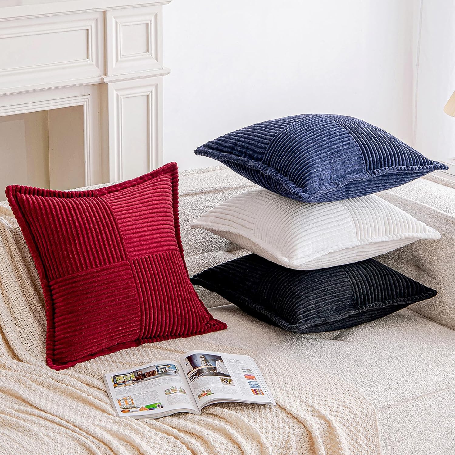 EMEMA Juego de 2 fundas de cojín blancas navideñas de 20 x 20 pulgadas de pana decorativas bohemias a rayas con textura empalmada para decoración