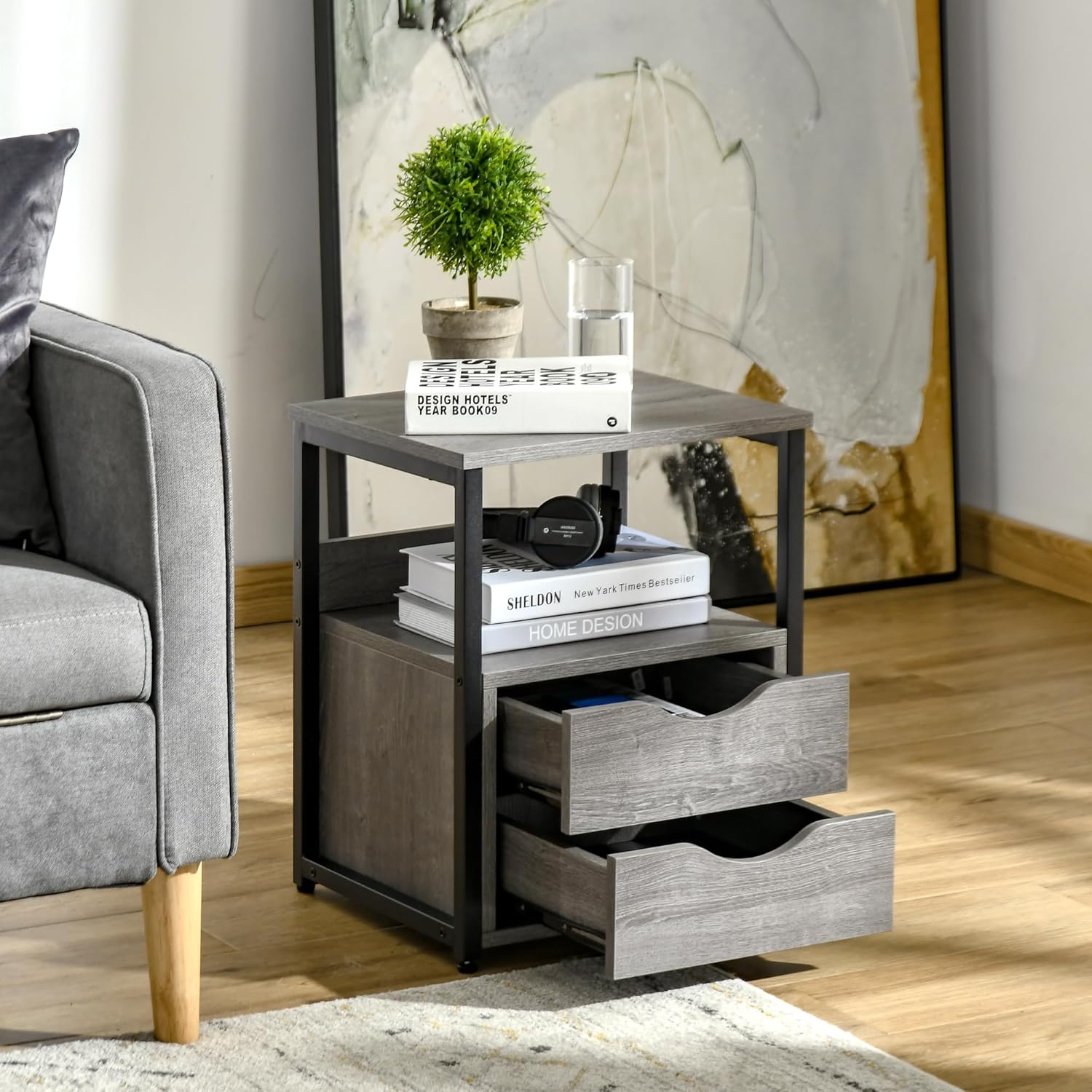 HOMCOM Mesa auxiliar industrial con 2 cajones, mesa auxiliar pequeña con estante de almacenamiento, mesa de sofá decorativa con mango de ranura y