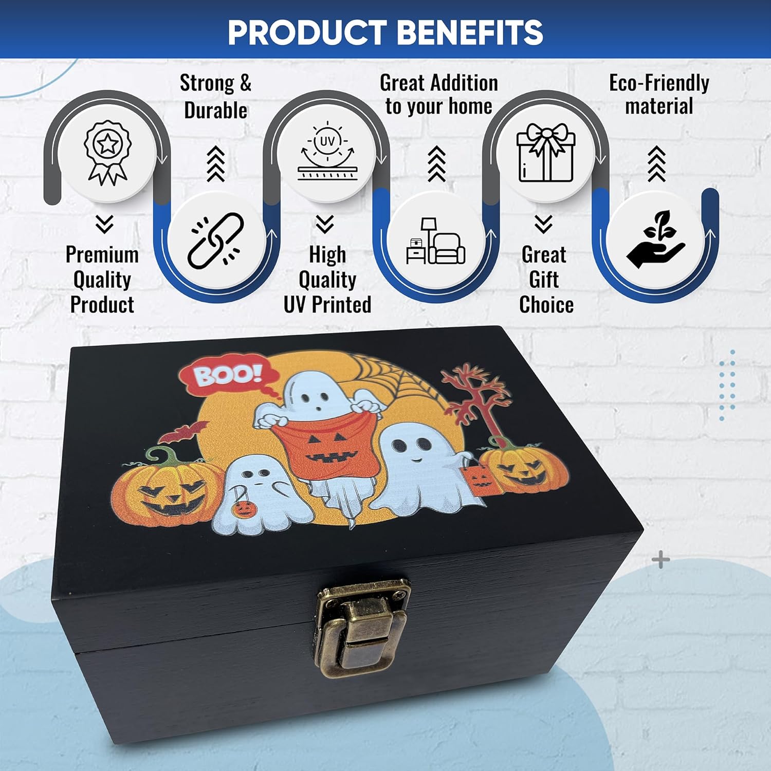 Caja de madera para fiestas o truco o trato, decoración de calabaza y fantasmas felices, caja de memoria para fotos, caja de recuerdo decorativa con