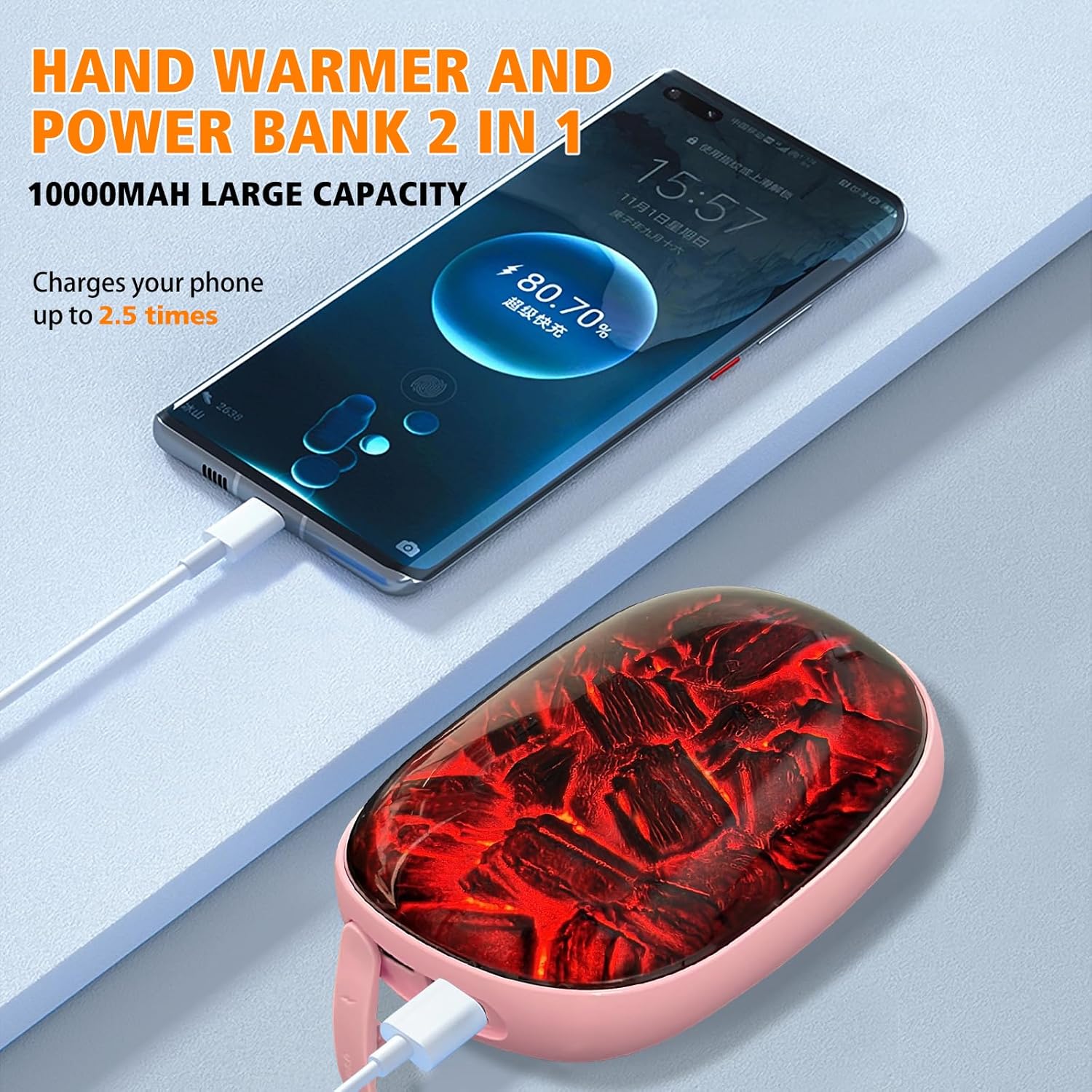 Calentadores de manos recargables, calentador de manos eléctrico de 10000 mAh y banco de energía 2 en 1, 3 niveles, cargador portátil, calentador