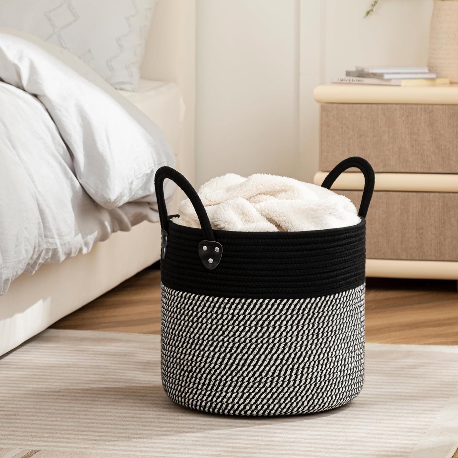 joybest Cesta de almacenamiento tejida con asa, cesta de manta para organizar, cesta de cuerda de algodón, cesta decorativa bohemia para juguetes,