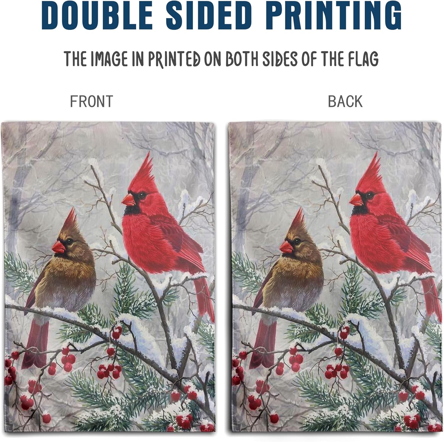 Banderas de jardín de pájaros cardenales de invierno, pancartas de Navidad para exteriores, de 12 x 18 pulgadas, de doble cara, pájaros rojos en