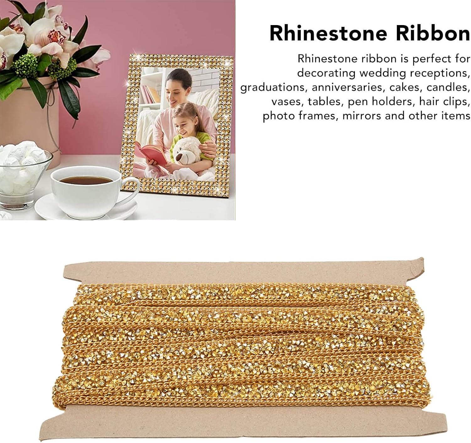 2 rollos de cintas de resina con diamantes de imitación de 5 yardas, tiras autoadhesivas, rollo de piedras preciosas para manualidades,