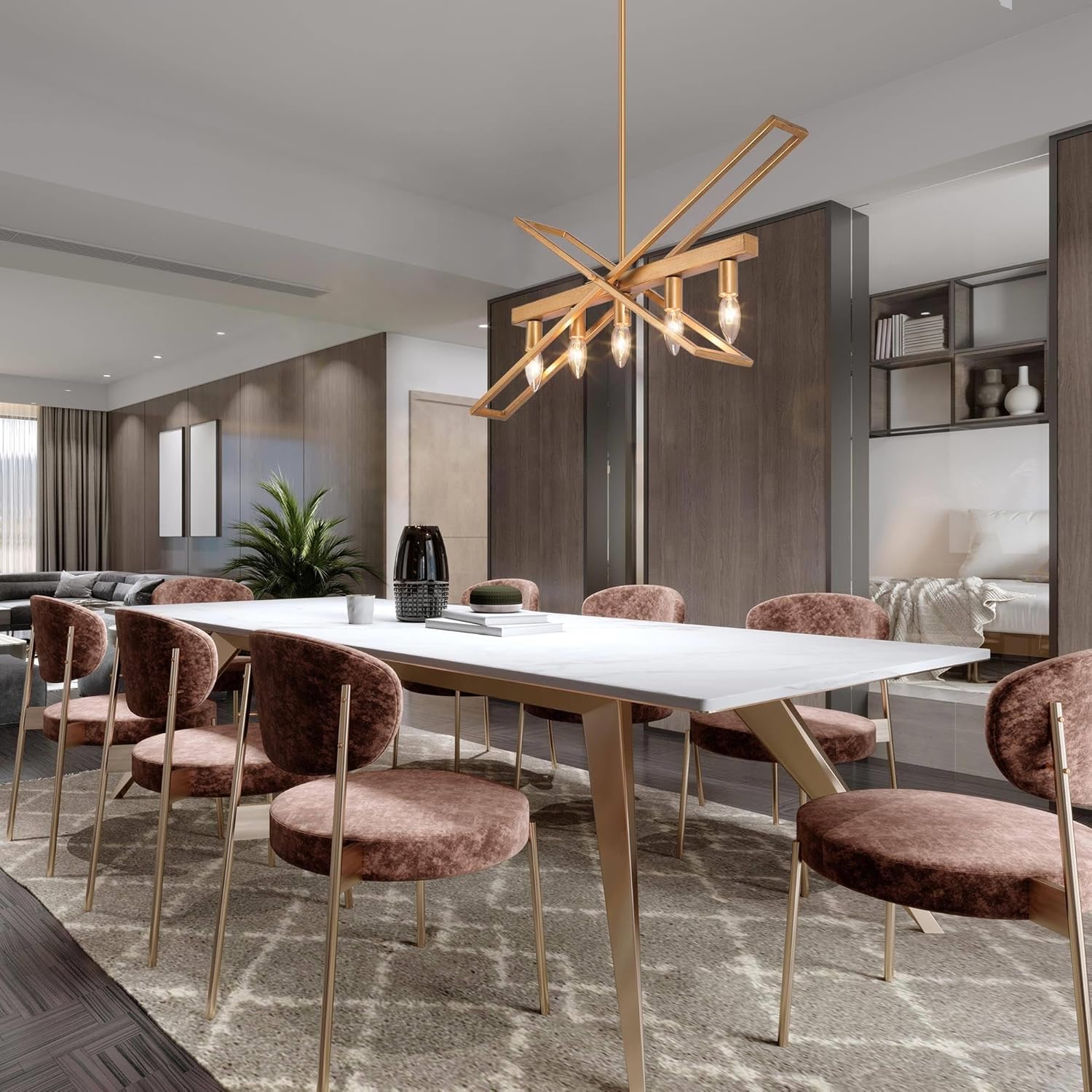 Candelabros dorados para comedor, 5 luces modernas lineales para isla de cocina, lámpara de araña grande de 31 pulgadas con acabado dorado