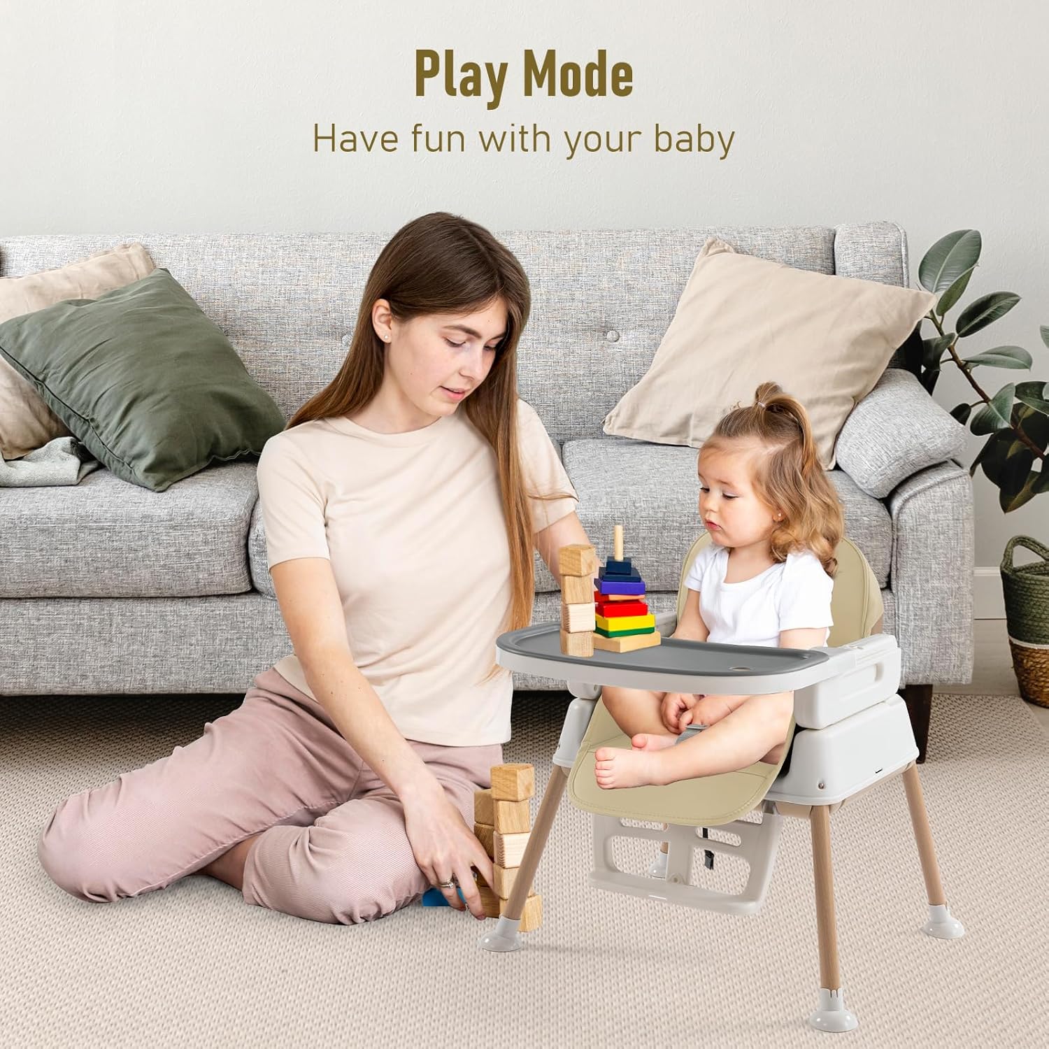 Silla alta para bebé, sillas altas convertibles ajustables 3 en 1 para bebés y niños pequeños, color caqui