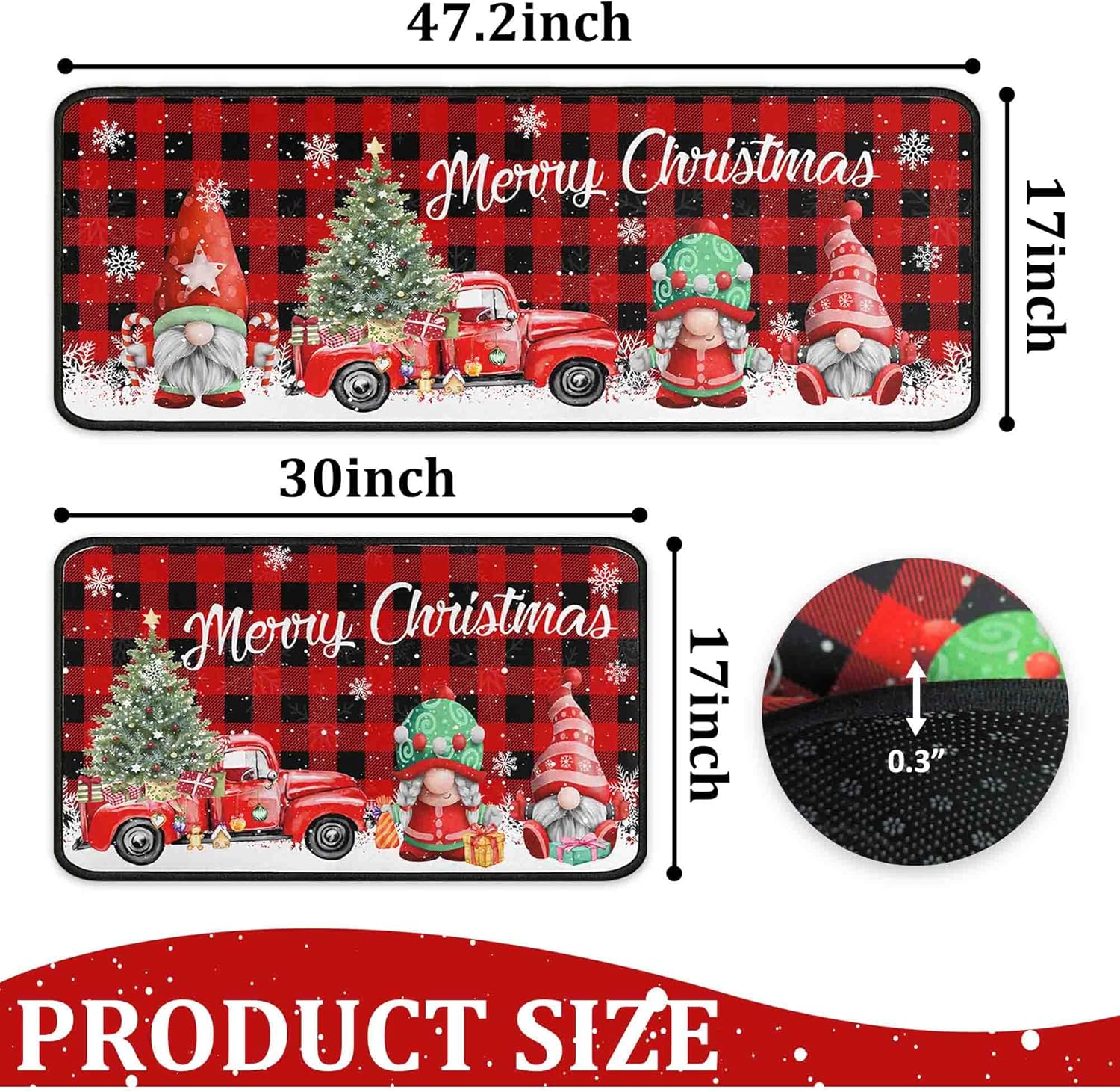 Juego de 2 alfombras y tapetes de cocina de Navidad con diseño de camión rojo a cuadros de búfalo, gnomos de árbol de Navidad, nieve, invierno,