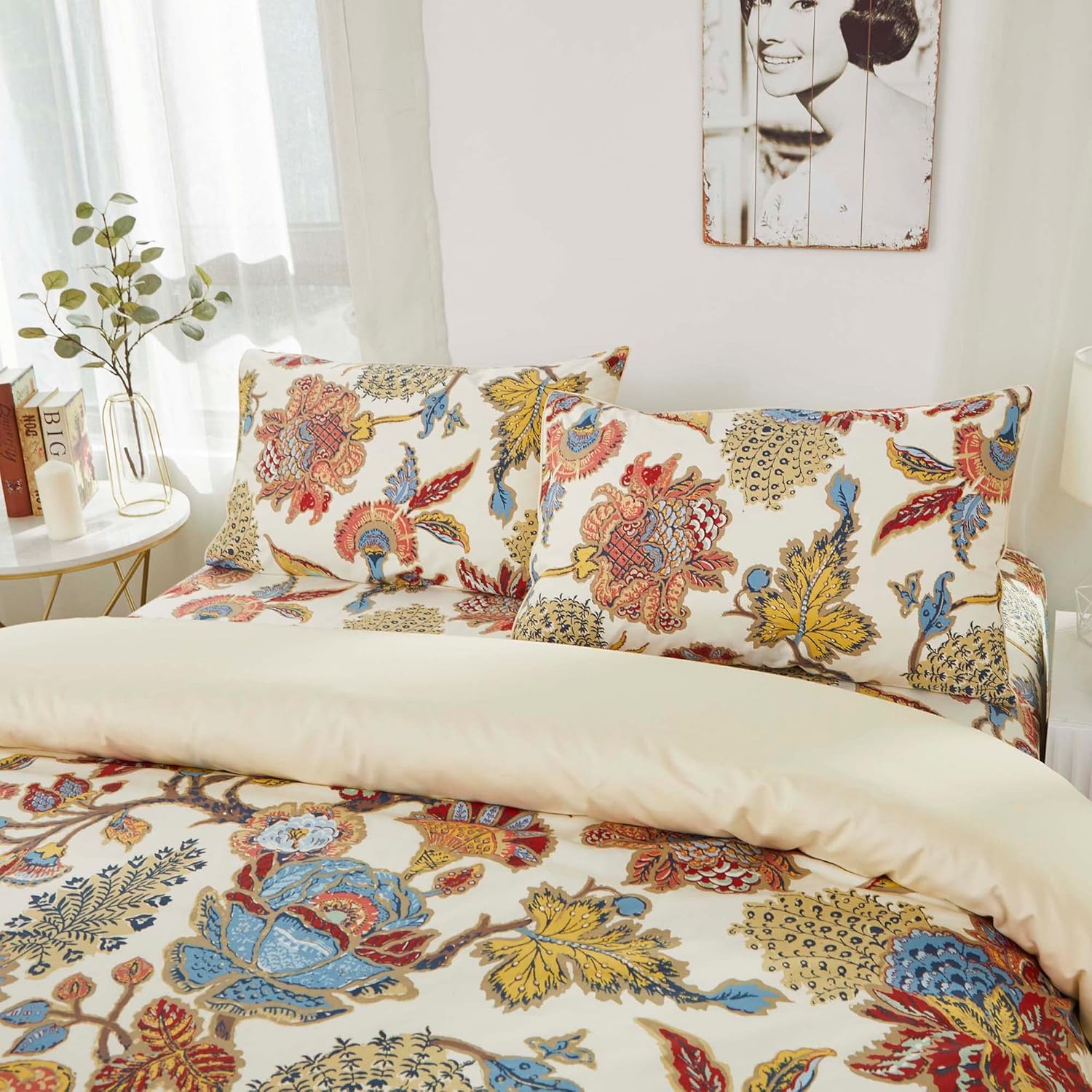Softta Juego de ropa de cama vintage de lujo con hojas de flores, tamaño Queen, 4 piezas, juego de sábanas encimeras + 2 fundas de almohada,