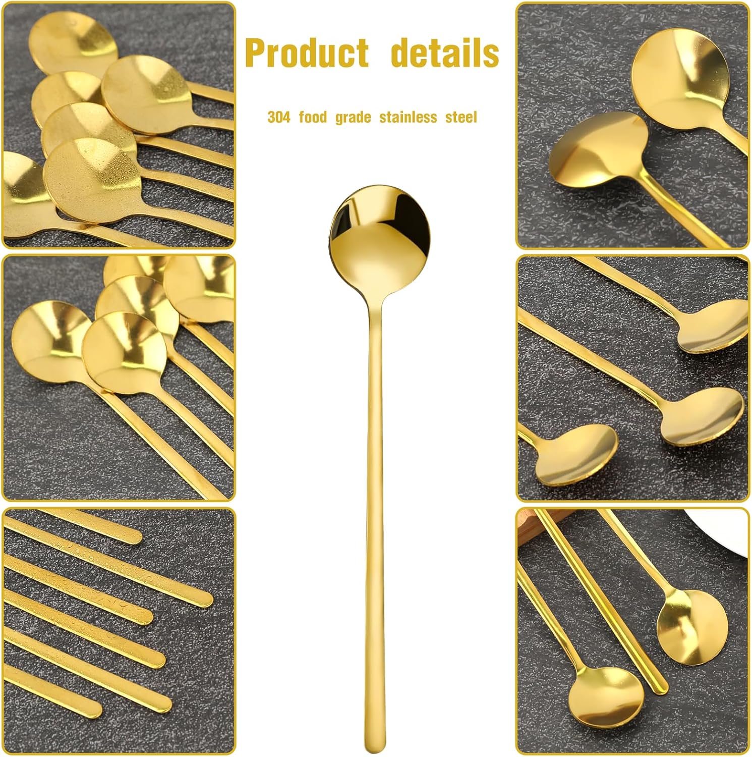6 cucharas de café pequeñas, cucharaditas pequeñas de oro, cucharas largas para revolver, cucharas de té de acero inoxidable, cucharas redondas de