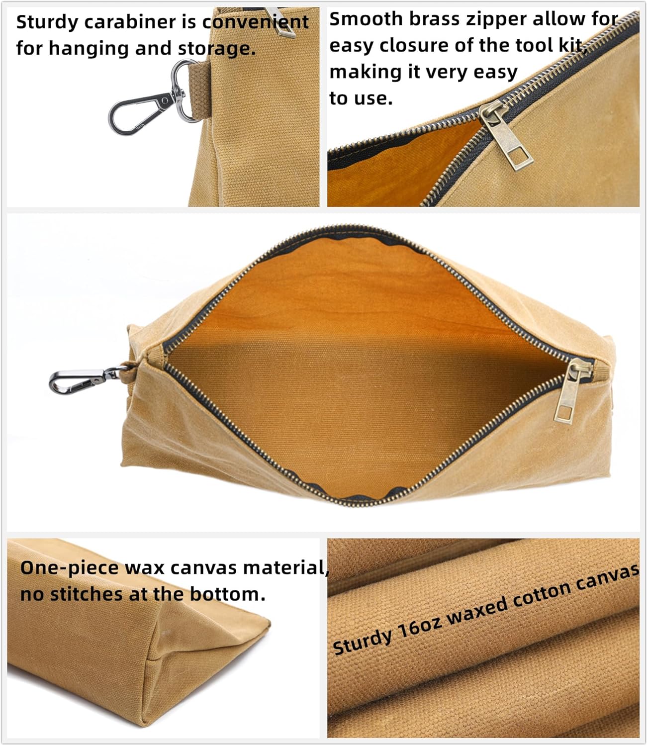 Bolsa de herramientas de lona encerada, bolsa de herramientas resistente con cremallera suave y bolsa multiusos con mosquetón