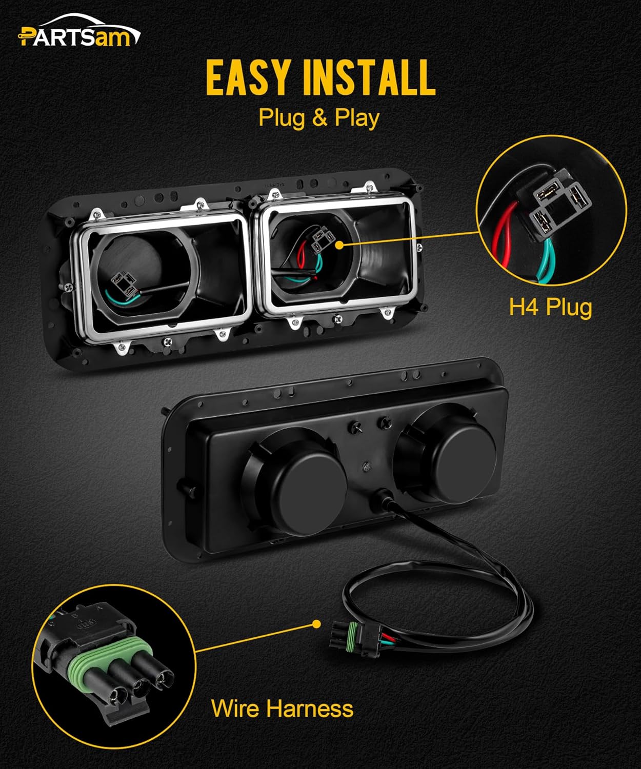 PARTSam Base de carcasa de faros delanteros con enchufes H4, arneses de cable, bisel de acero inoxidable de repuesto para Kenworth T600 T800 W900,