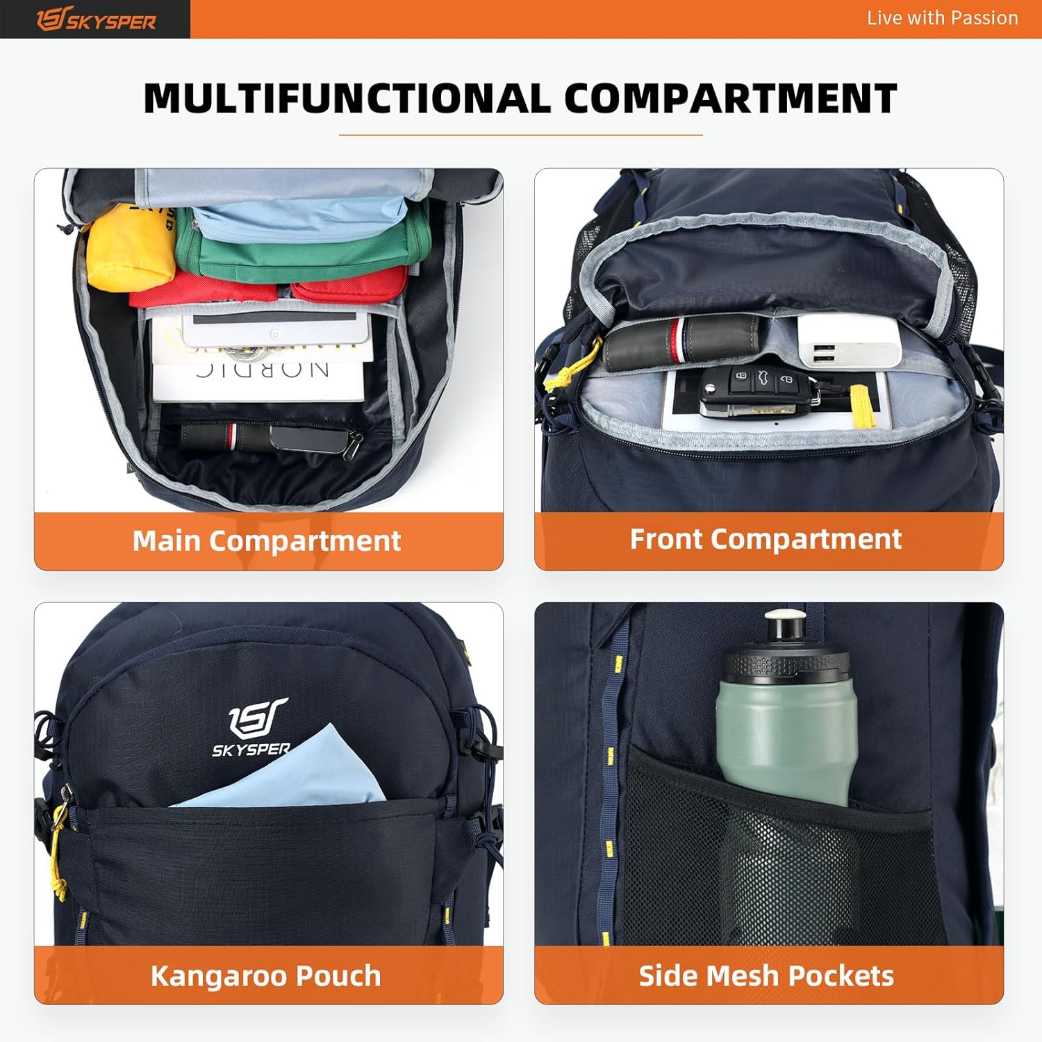 SKYSPER Mochila de senderismo de 30 L, ligera, plegable, mochila de viaje impermeable para mujeres y hombres (azul marino)