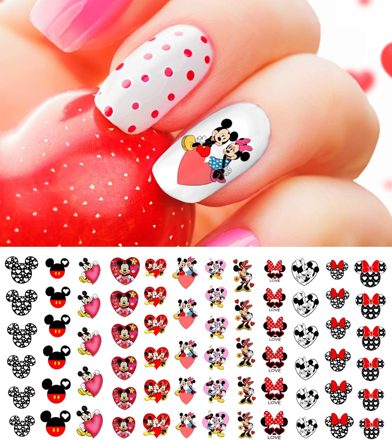Calcomanías de arte de uñas de Mickey Mouse y Minnie Mouse para el día de San Valentín, calidad de salón
