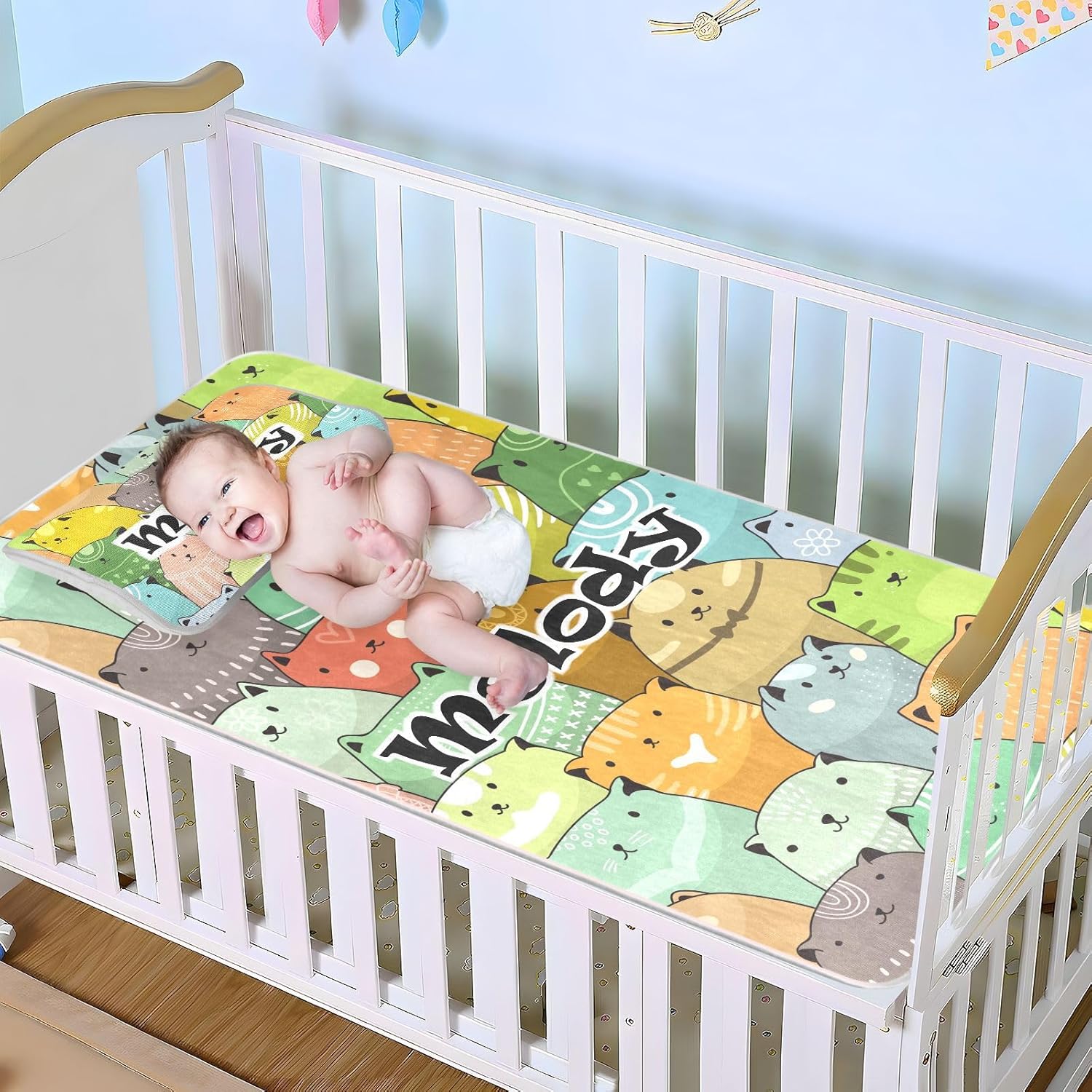 Protector de colchón personalizado para cuna de gatos para niños y niñas, tapete de seda de hielo, sábanas de corralito de juego, colchoneta de