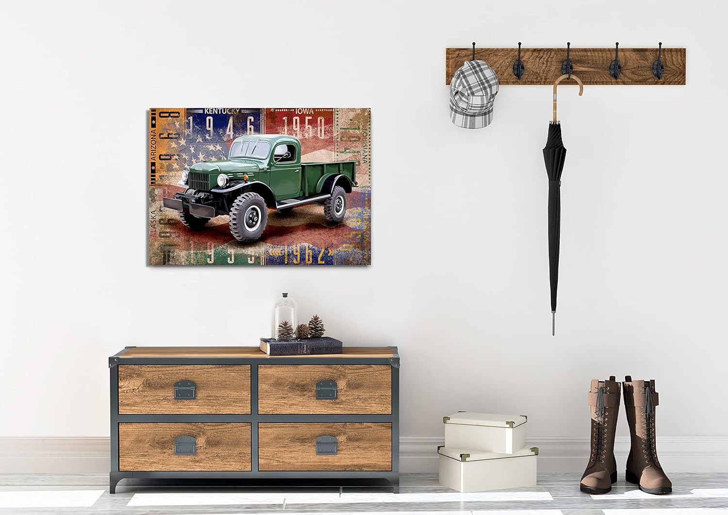 INTALENCE ART Decoración artística de pared de camión verde Dodge clásico retro, impresión vintage de camioneta americana antigua sobre lienzo,