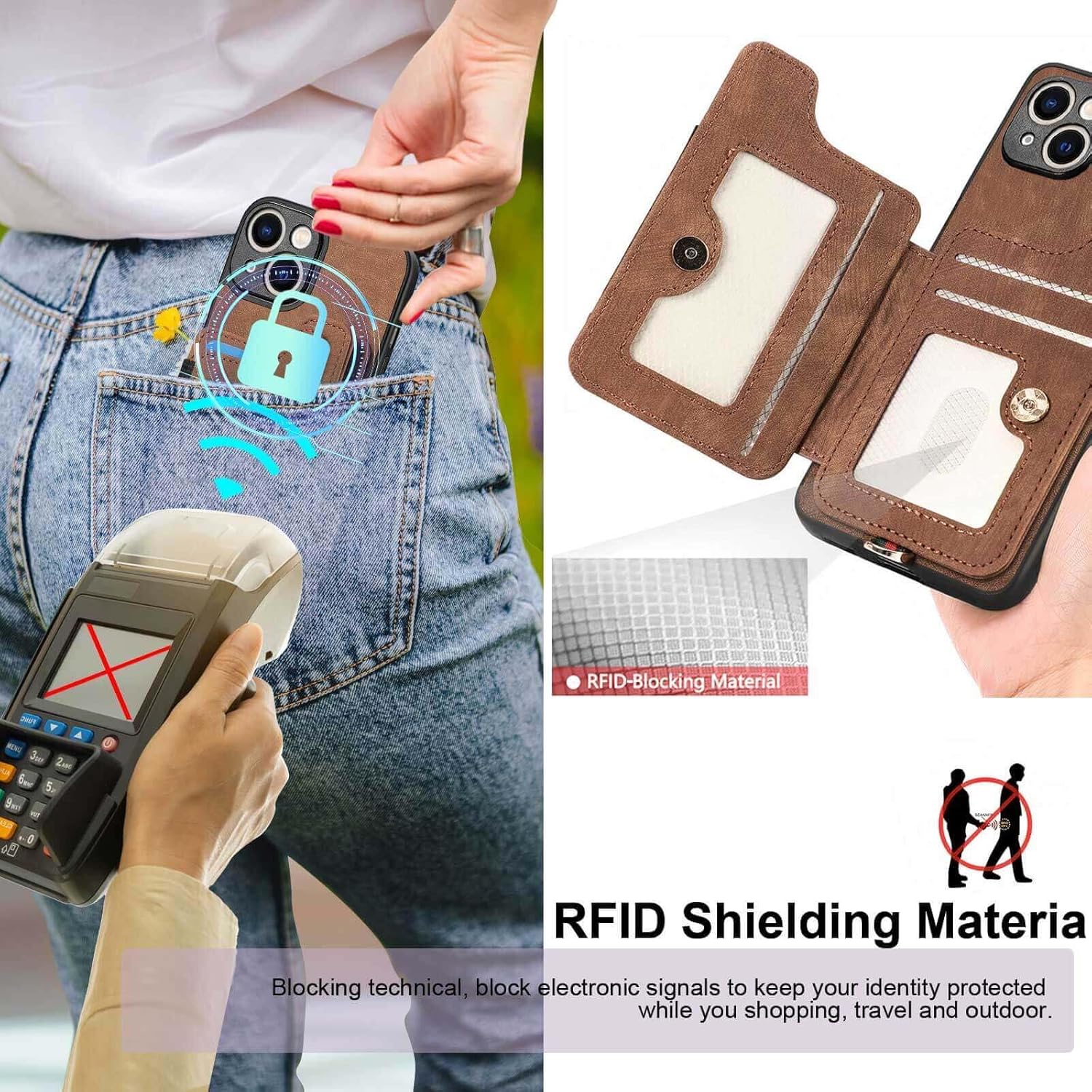 JanCalm Funda con tarjetero para iPhone 15 Plus, soporte con anillo, bloqueo RFID, protector de cámara, correa protectora magnética de cuero para