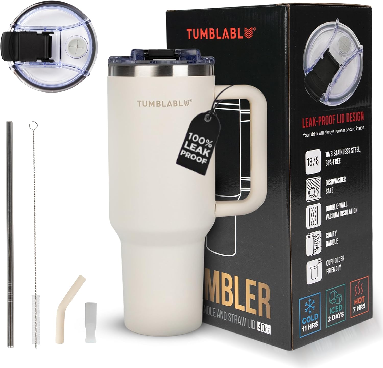 Vaso de 40 onzas con asa y pajita, vaso a prueba de fugas con tapa y pajilla, popote de acero inoxidable con dos gomas de silicona para beber, vasos