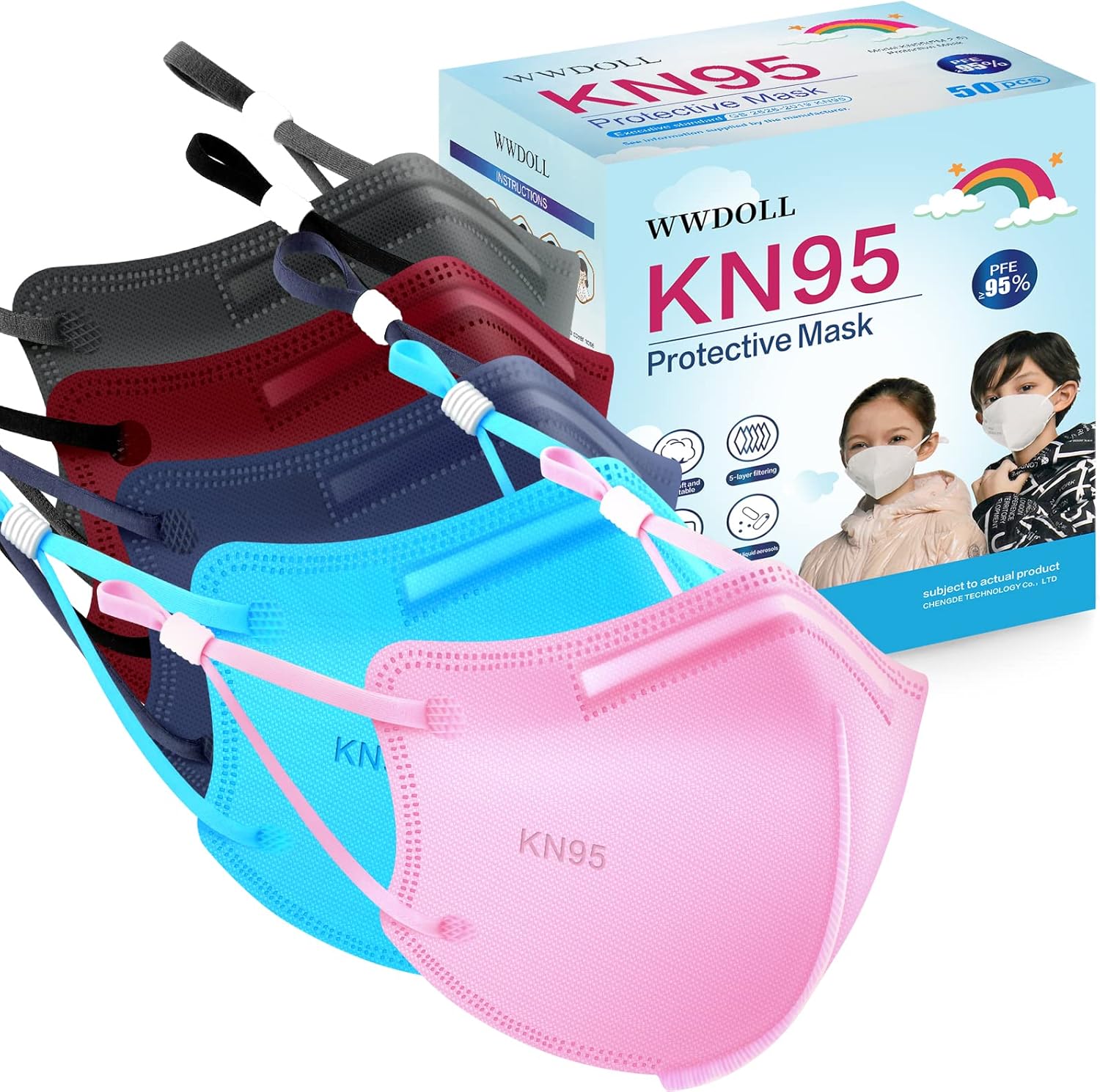 WWDOLL Mascarilla KN95 para niños, paquete de 50 unidades, mascarillas KN95 transpirables de 5 capas, multicolor