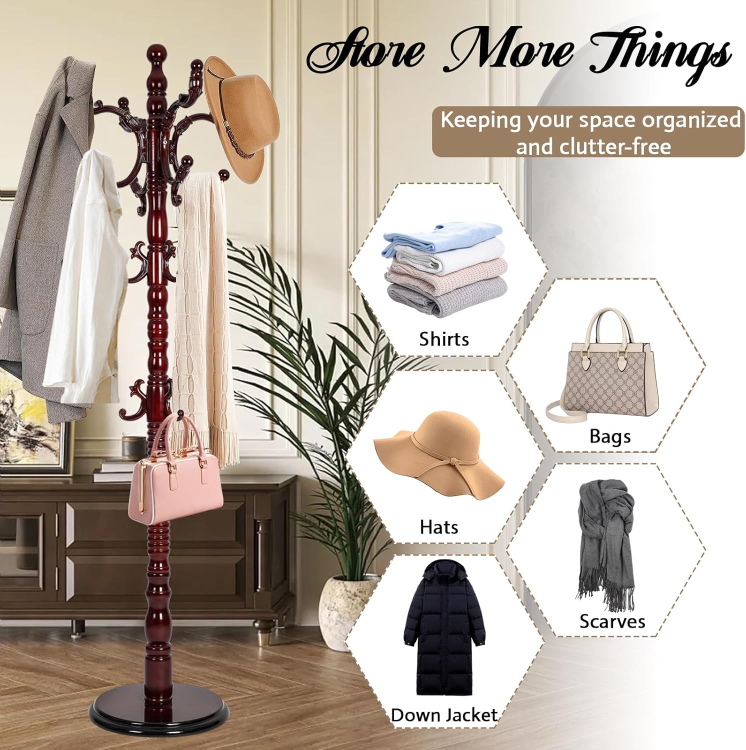 Zacammy Perchero de madera maciza independiente con 14 ganchos, para entrada, pasillo, árbol, dormitorio, perchero para sombreros, fácil montaje