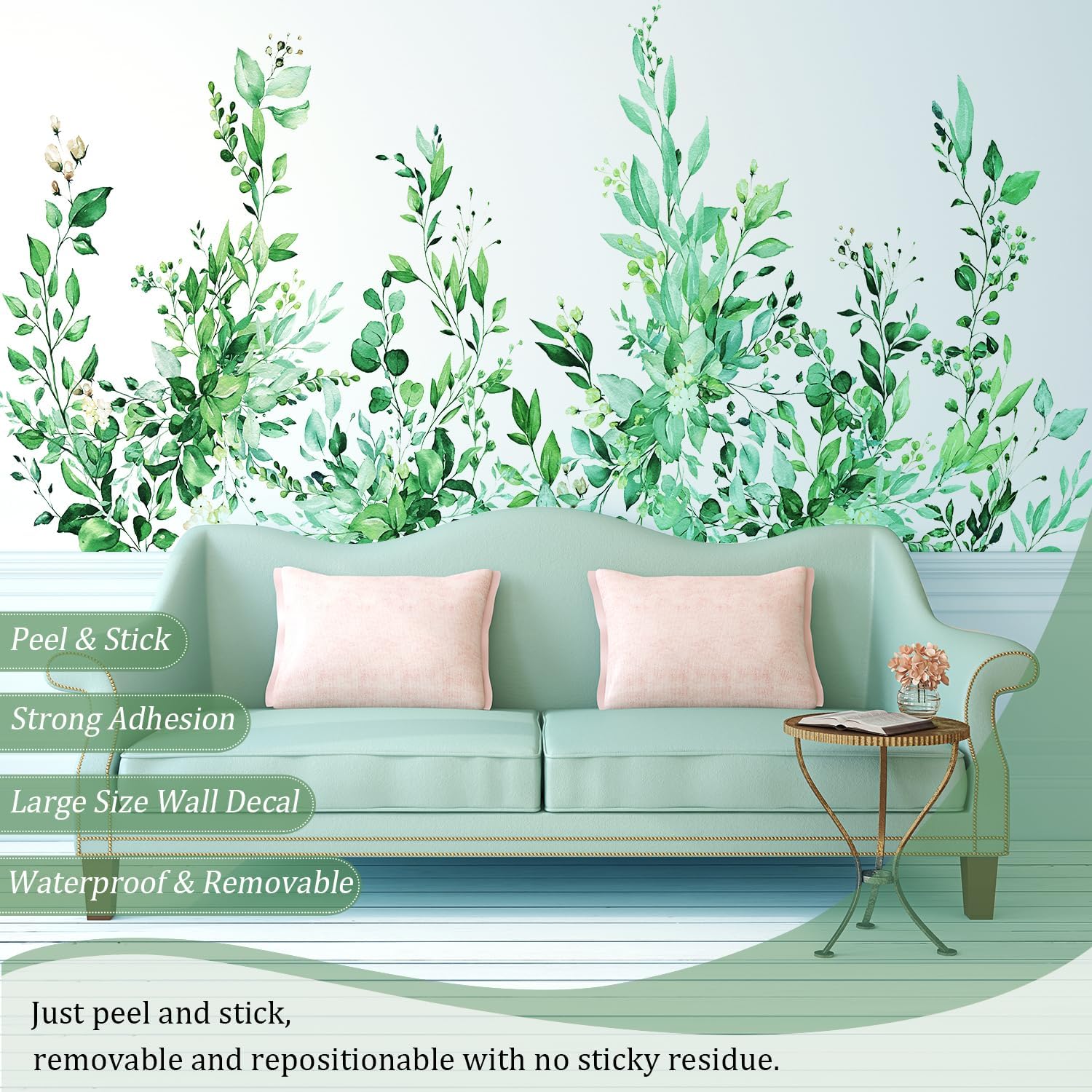 VePret Calcomanías de pared de hojas de plantas verde esmeralda, calcomanías de vinilo de flores grandes, calcomanías de pared de vid extraíbles,
