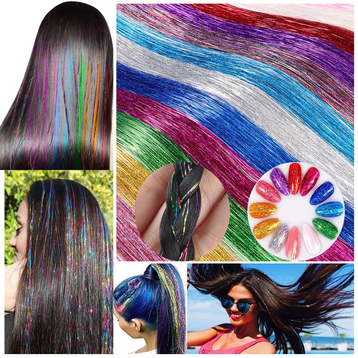 Pelo de oropel azul cielo de 24 pulgadas, resistente al calor, con clips, extensiones de oropel con purpurina, para Navidad, Año Nuevo, muy lindo
