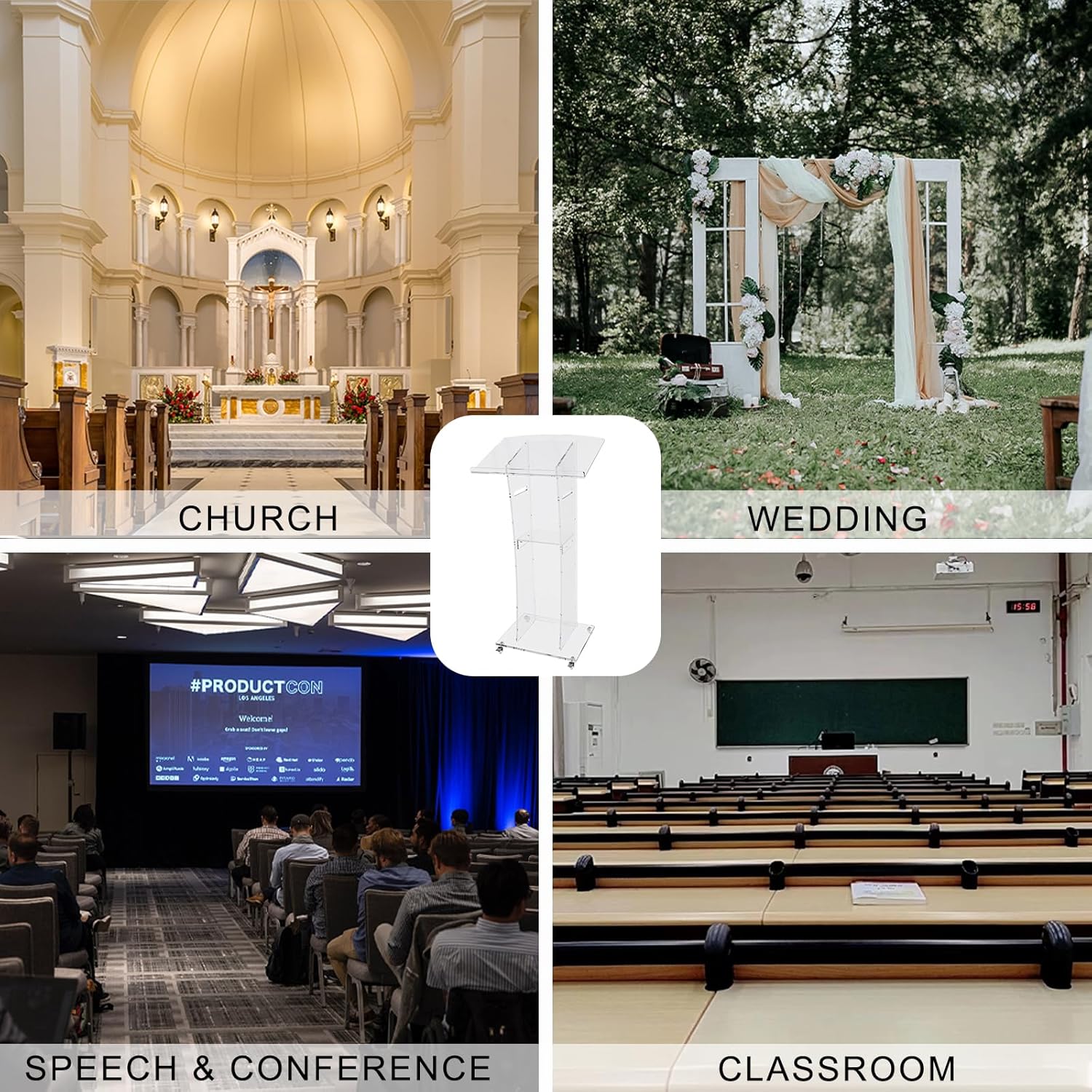 Soporte de podio de acrílico transparente, atril y podio moderno de 47 pulgadas con estante de almacenamiento para iglesia, discurso, aula, boda,