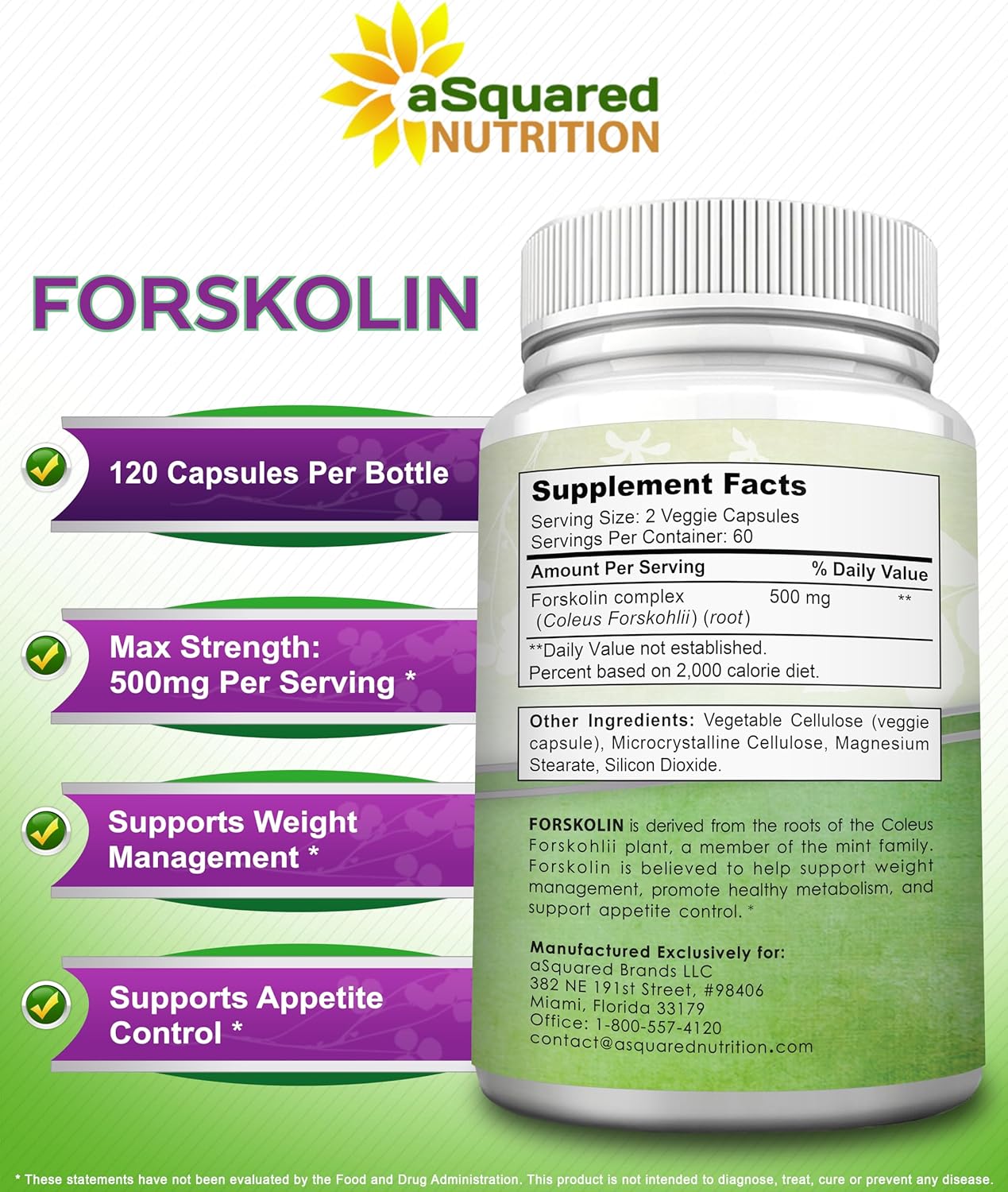 aSquared Nutrition Forskolin 500mg Max Strength -120 cápsulas, suplemento natural para combustible puro de pérdida de peso, píldoras de dieta Coleus
