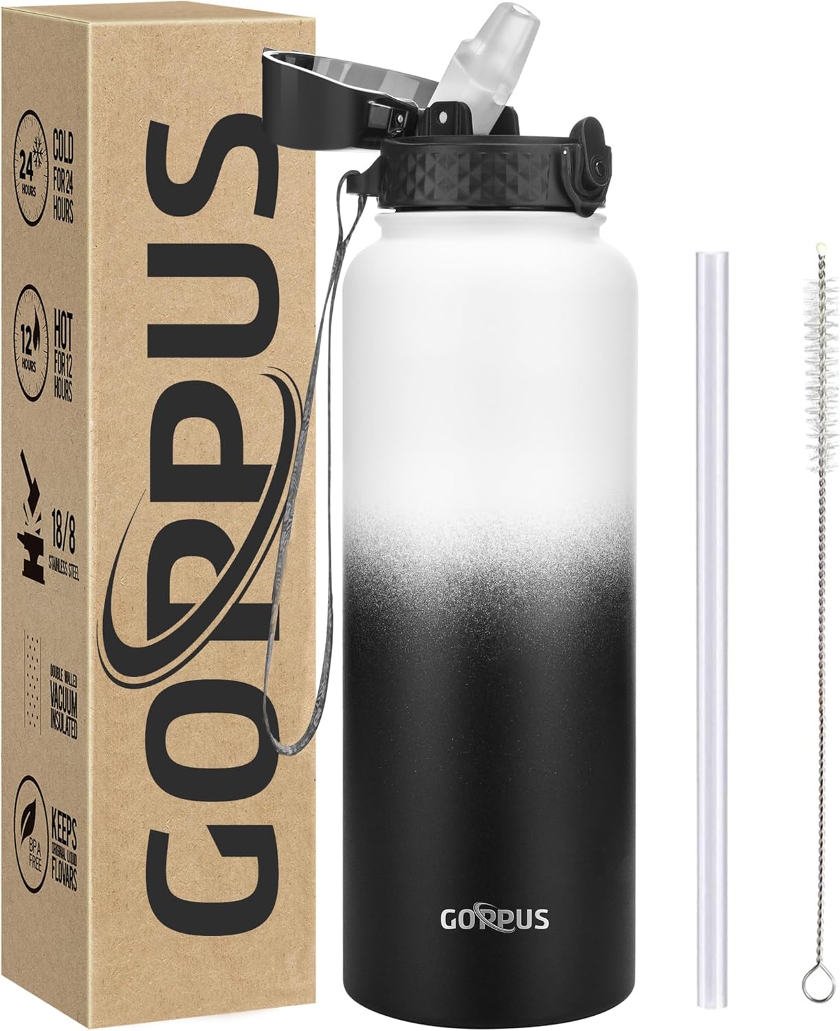 GOPPUS Botella de agua aislada de 40 onzas con tapa con popote, botella de agua deportiva de acero inoxidable, botella de agua de boca ancha,