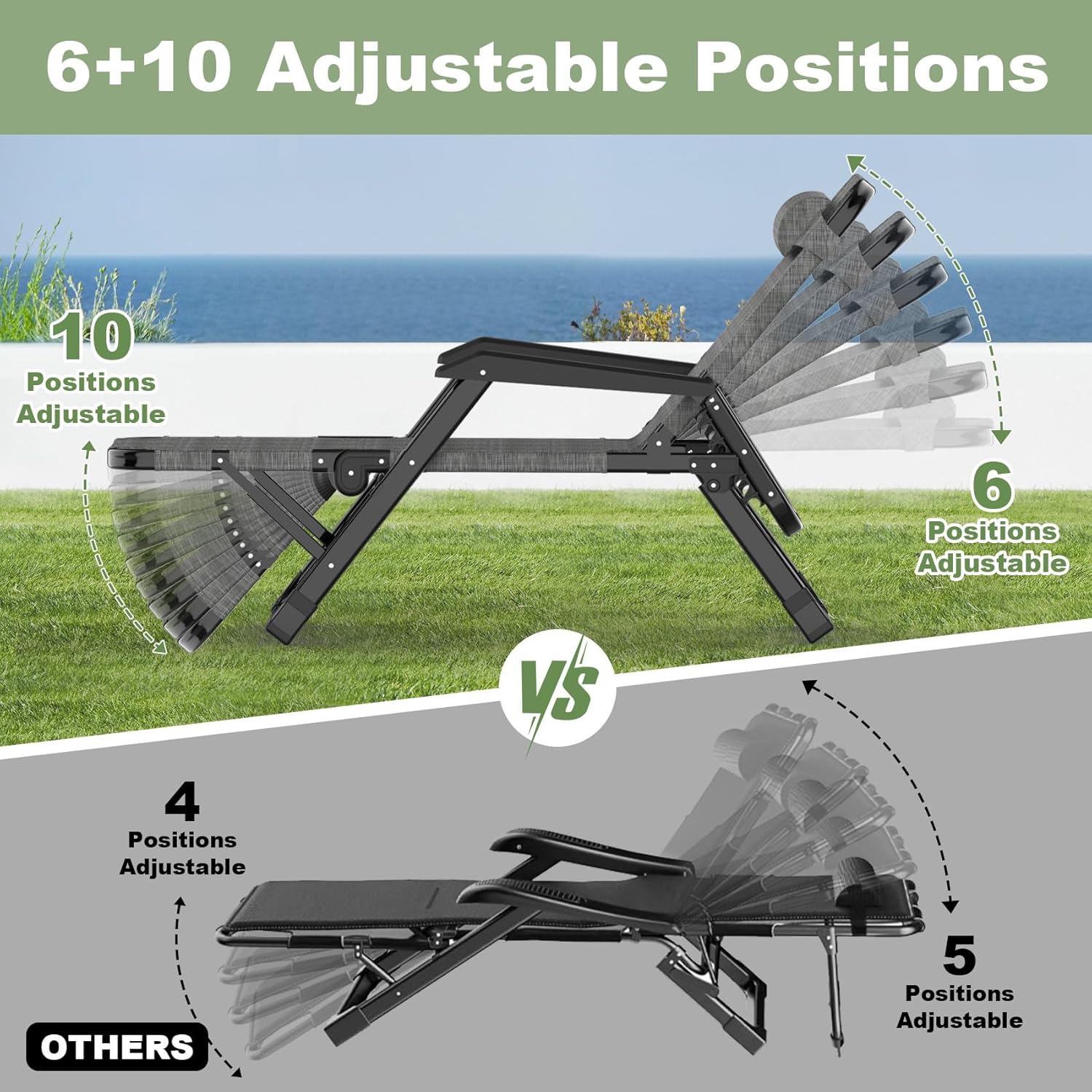Slendor Catre plegable de gran tamaño 3 en 1 de 29 pulgadas, 6+10 posiciones ajustables XL para patio, tumbona para adultos, cuna portátil, sillón