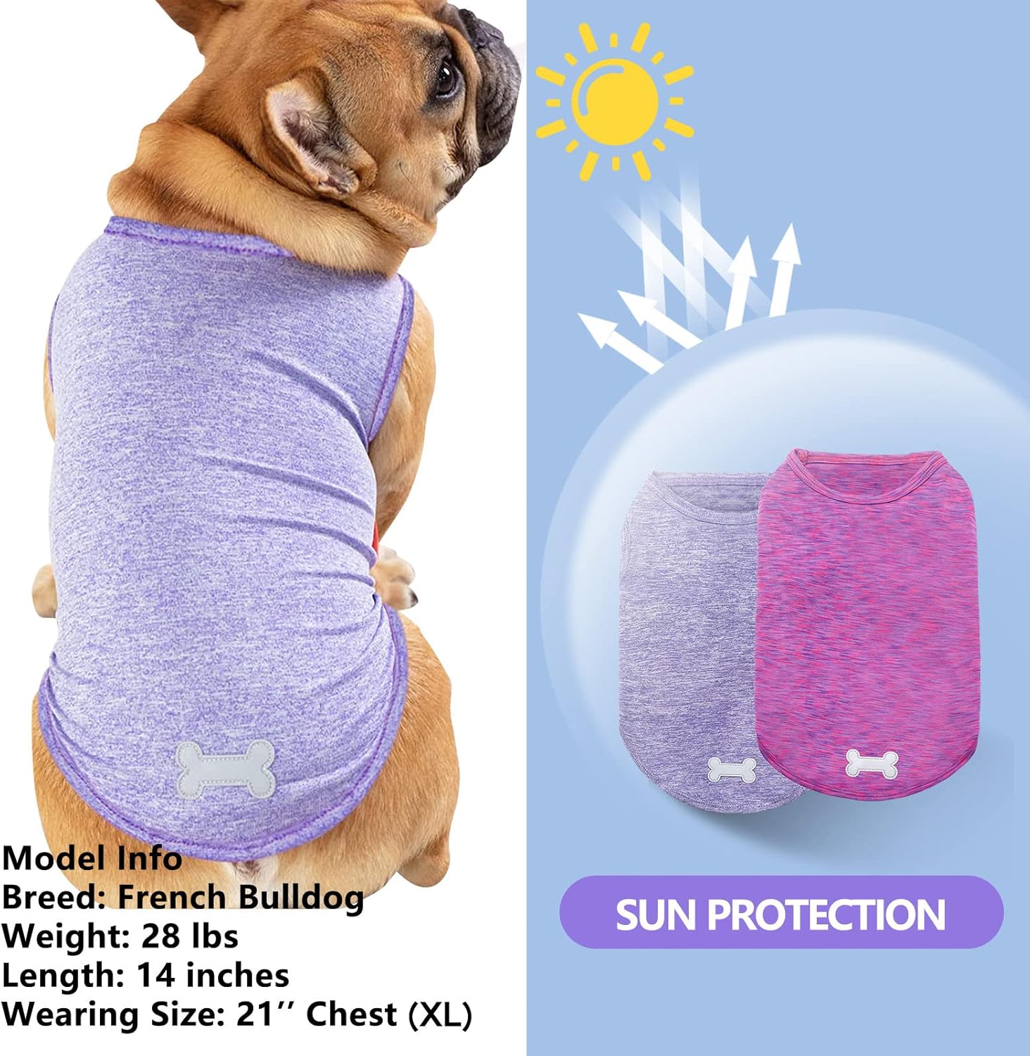 KYEESE Paquete de 2 camisetas para perro, de secado rápido, suaves, elásticas, con etiqueta reflectante, camiseta sin mangas de protección solar,