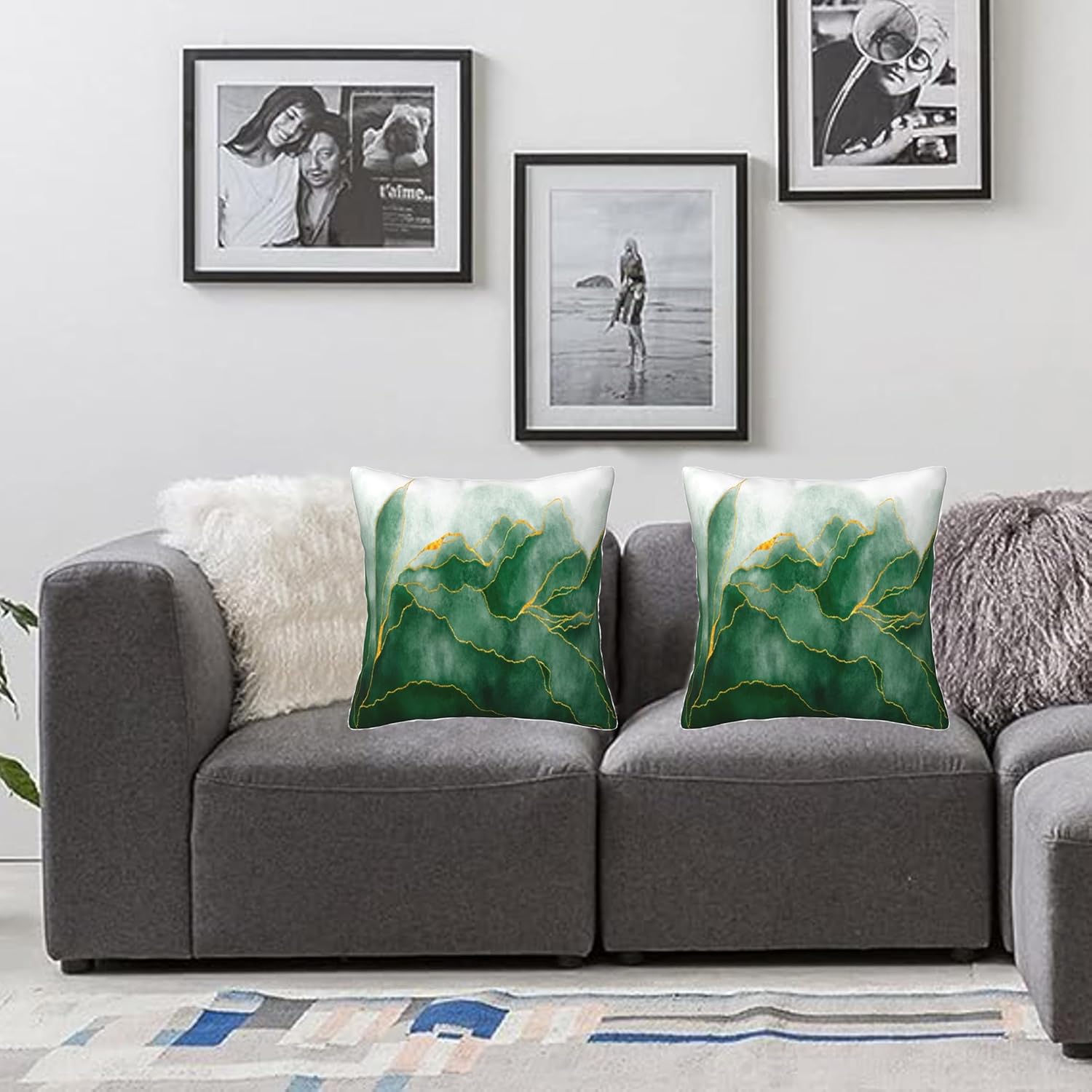 Juego de 2 fundas de almohada decorativas de mármol verde y dorado de 18 x 18 pulgadas, fundas de almohada cuadradas para decoración del hogar, sala