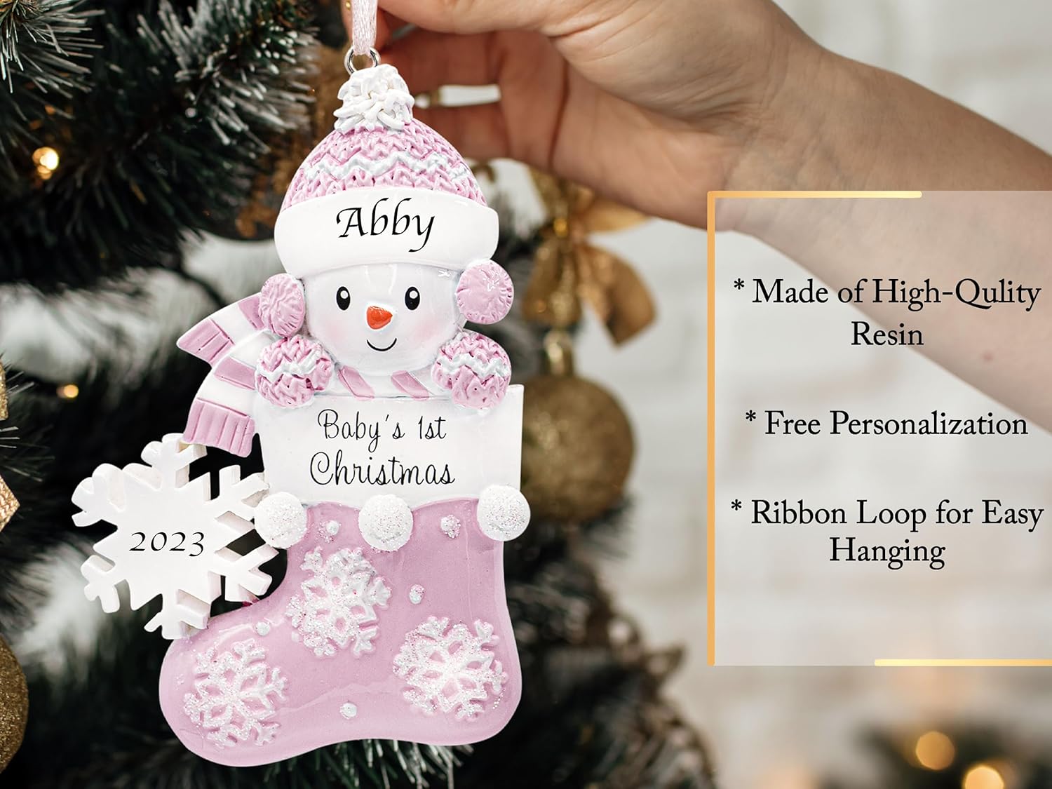 Adorno personalizado para la primera Navidad de mi bebé 2023  Decoración de árbol de Navidad de niña de nieve con calcetín rosa personalizado