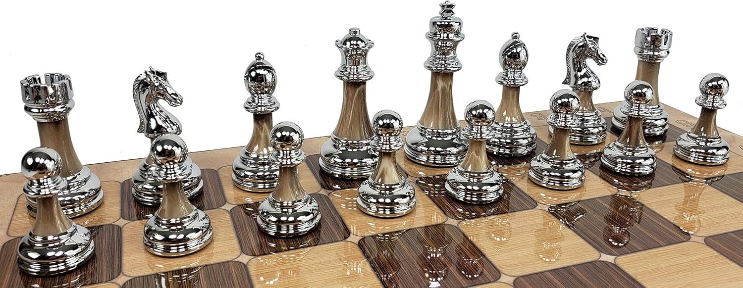 Staunton – Juego de ajedrez de plástico cromado y negro para hombre, 3 12 pulgadas, tamaño King con tablero de color rústico de 17 pulgadas