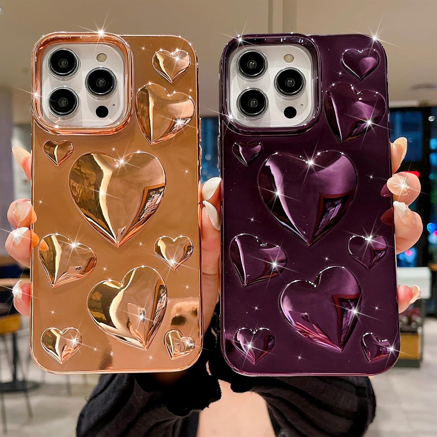 Funda para iPhone 13 Pro Max, lujosamente chapada en 3D Love Heart, bonita funda para iPhone 13 Pro Max, funda protectora transparente suave a