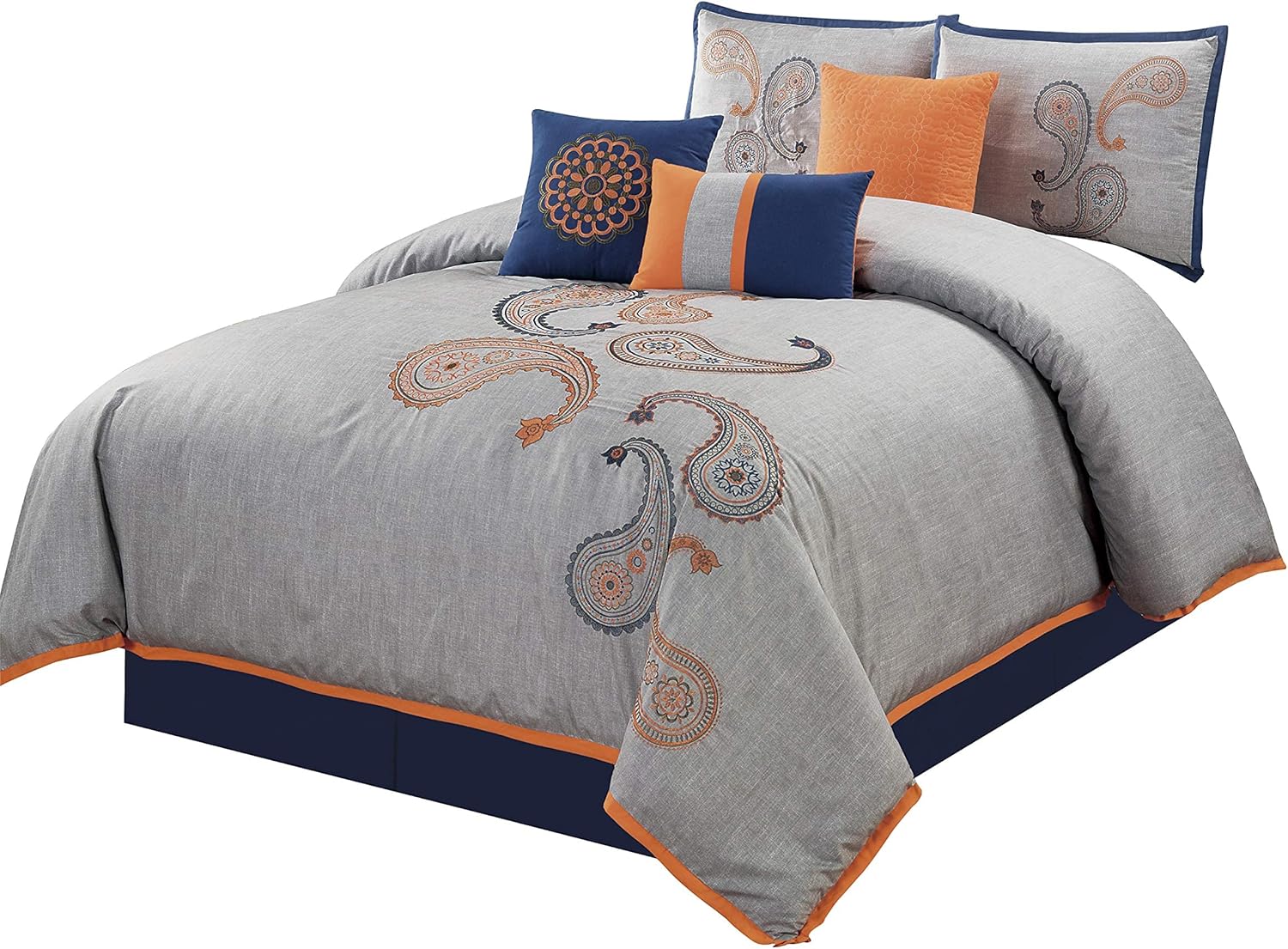 Chezmoi Collection Naomi – Juego de ropa de cama de 7 piezas con bordado floral de cachemira naranja marino, tamaño Queen