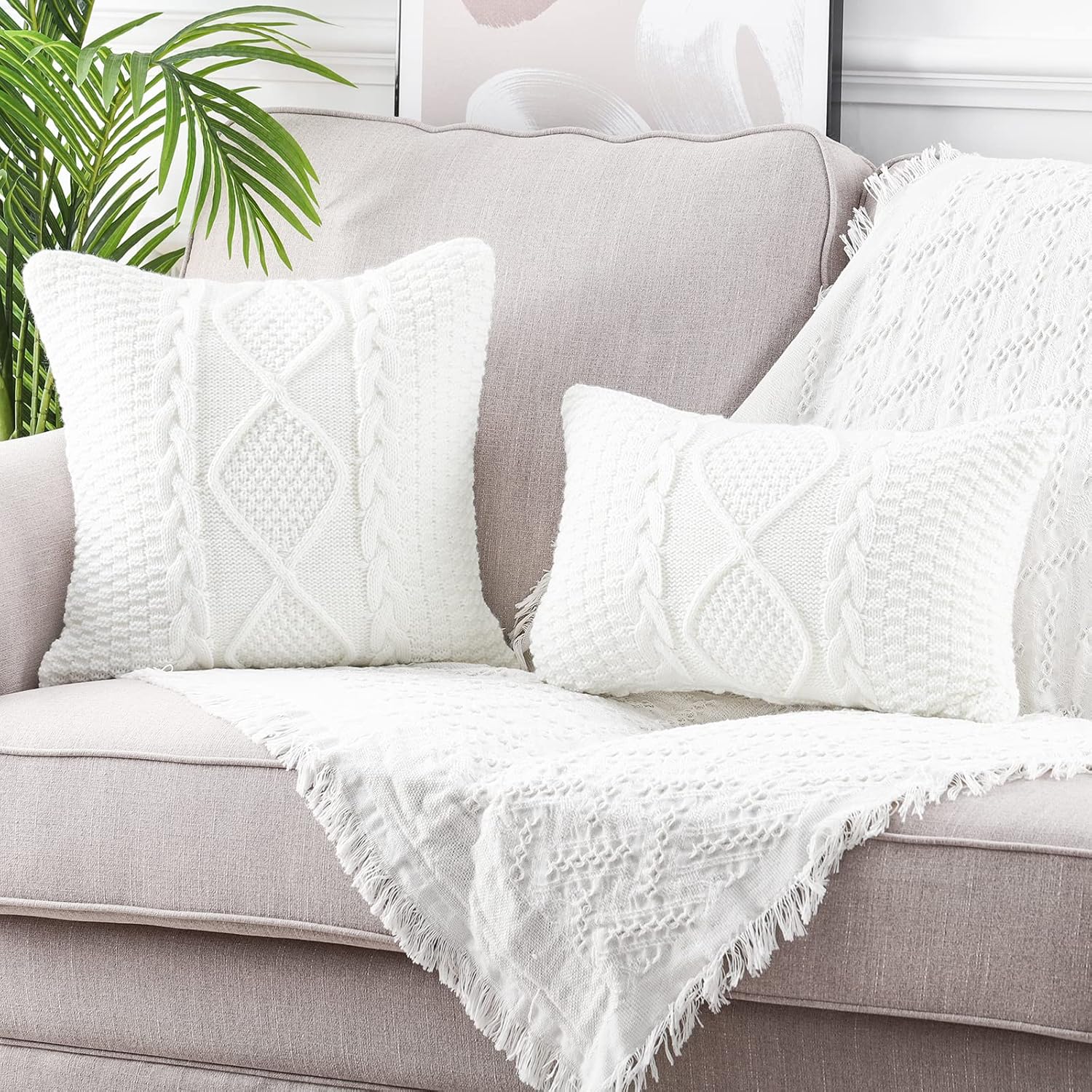MANDIOO Fundas de almohada decorativas de algodón de punto blanco crema, fundas de cojín suaves y acogedoras para exteriores, fundas de almohada