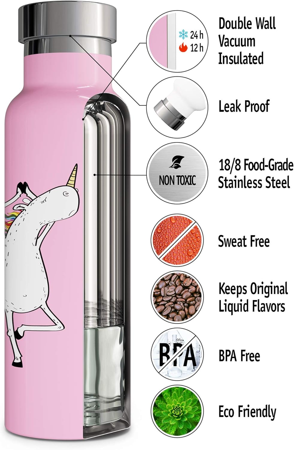 Botella de agua aislada al vacío de doble pared con tapa de pajilla y tapa deportiva, termo de acero inoxidable para niños simple, sin BPA,