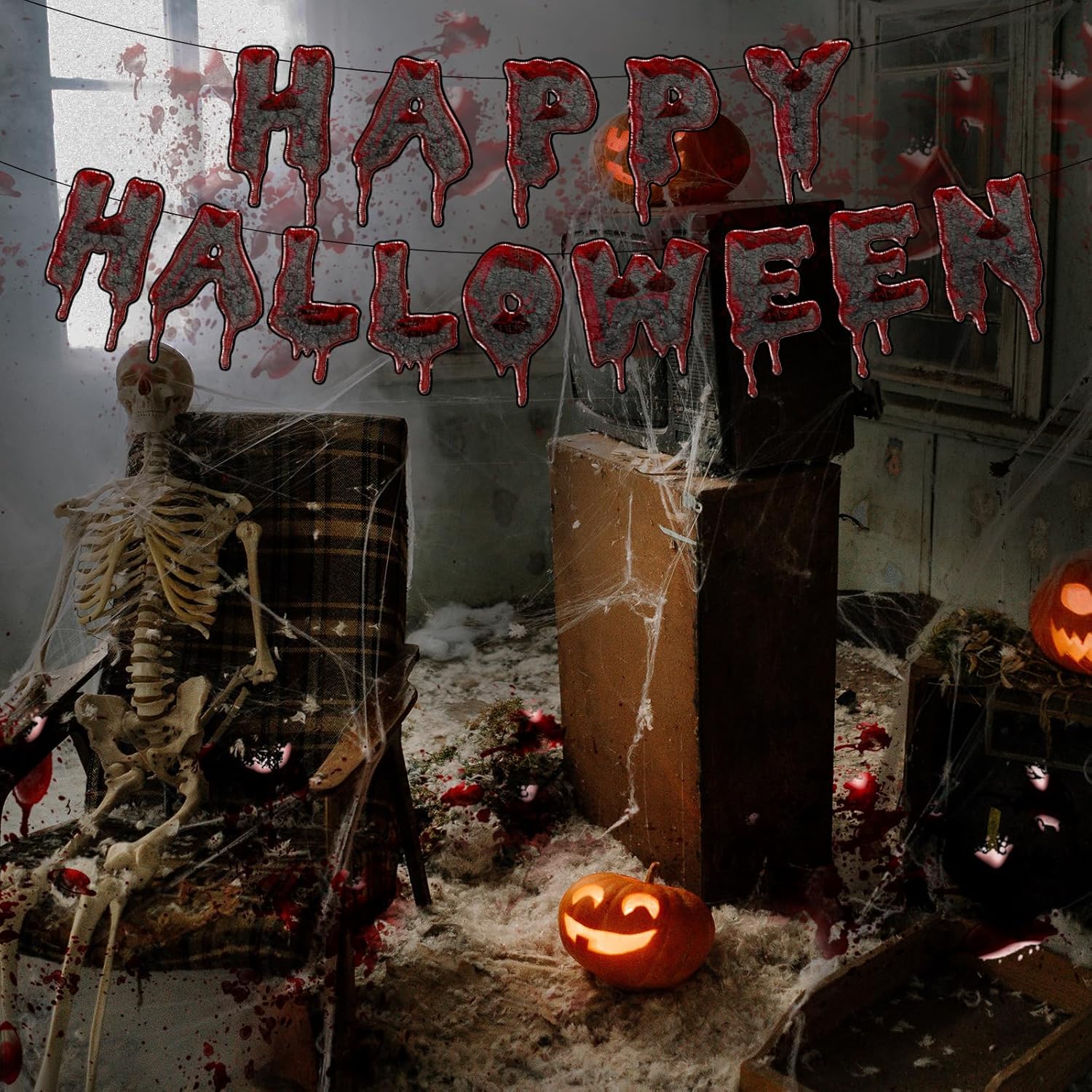 Cartel de Feliz Halloween, decoraciones de fiesta de Halloween, decoraciones de fiesta de terror de Halloween, guirnalda de gotas de sangre roja,